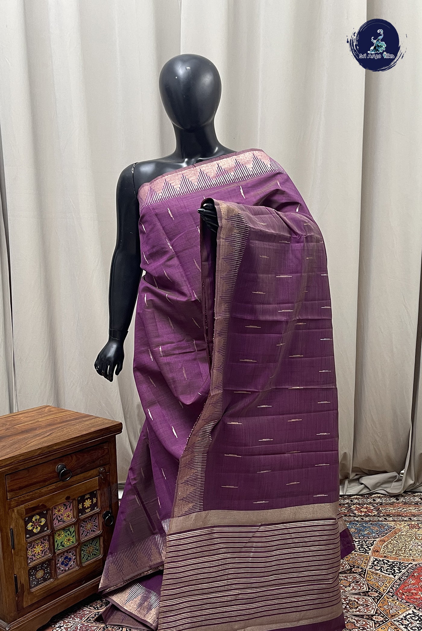 Dark Brinjal Semi Tussar Saree With Zari Buttas Pattern