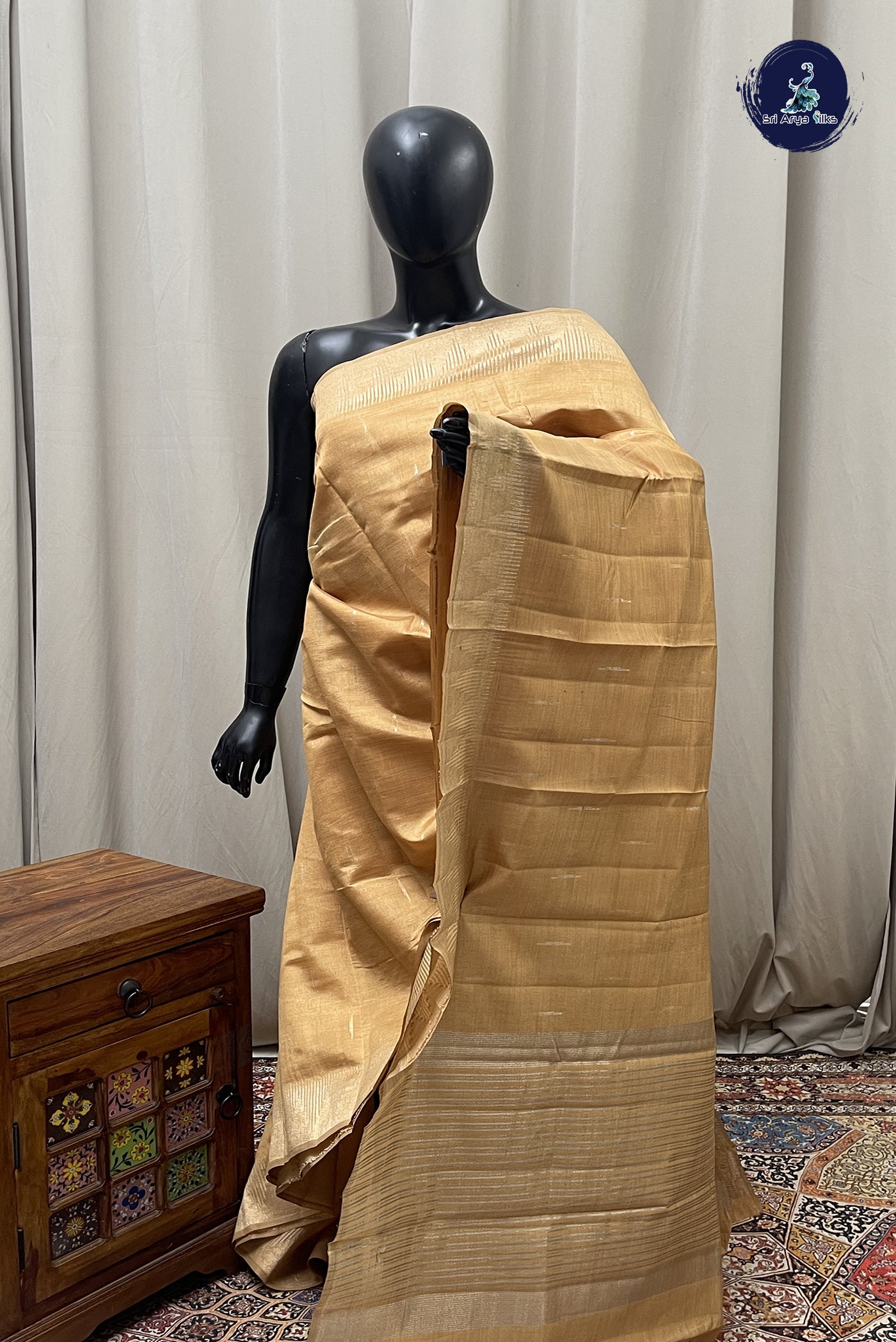 Beige Semi Tussar Saree With Zari Buttas Pattern