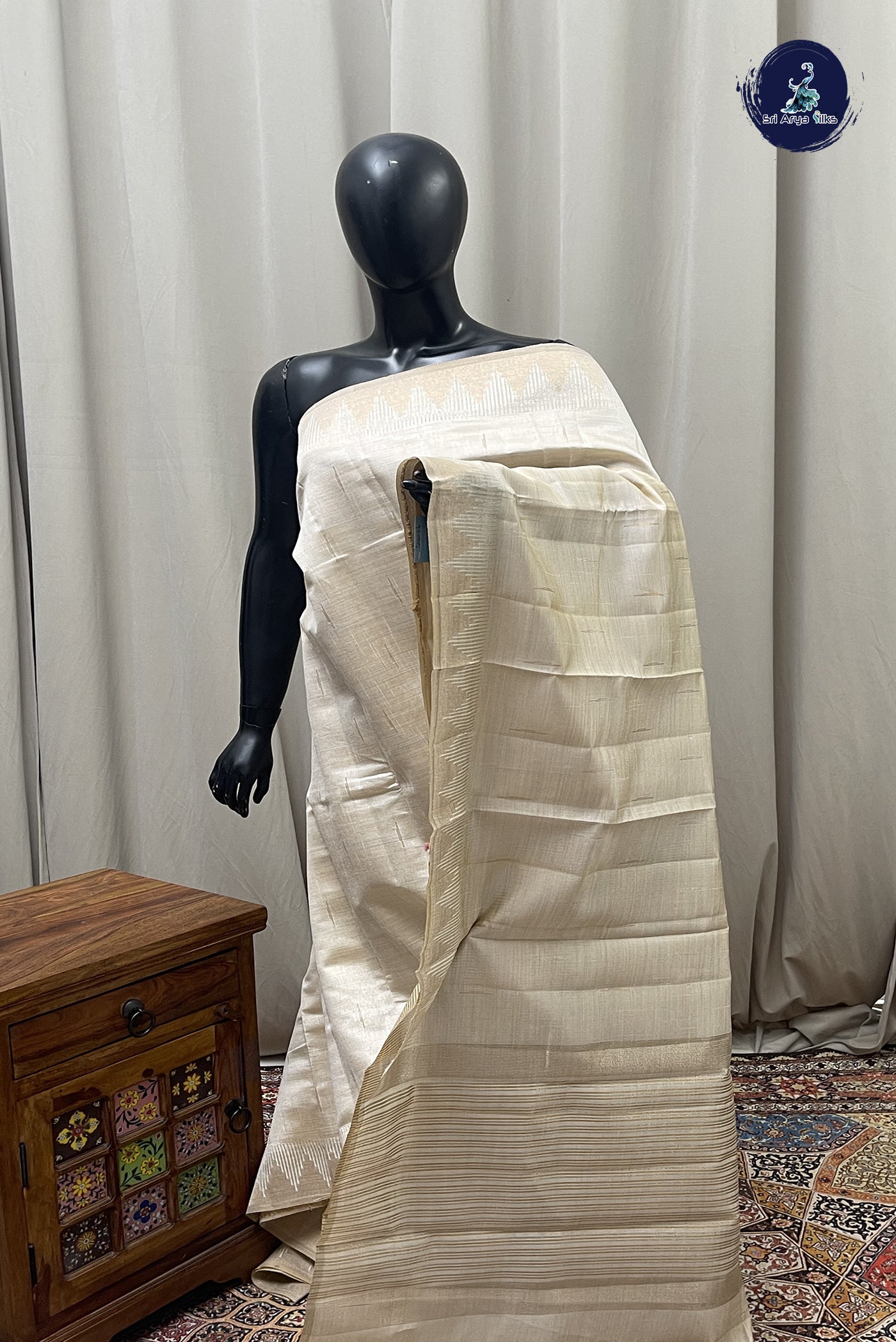 Off White Semi Tussar Saree With Zari Buttas Pattern