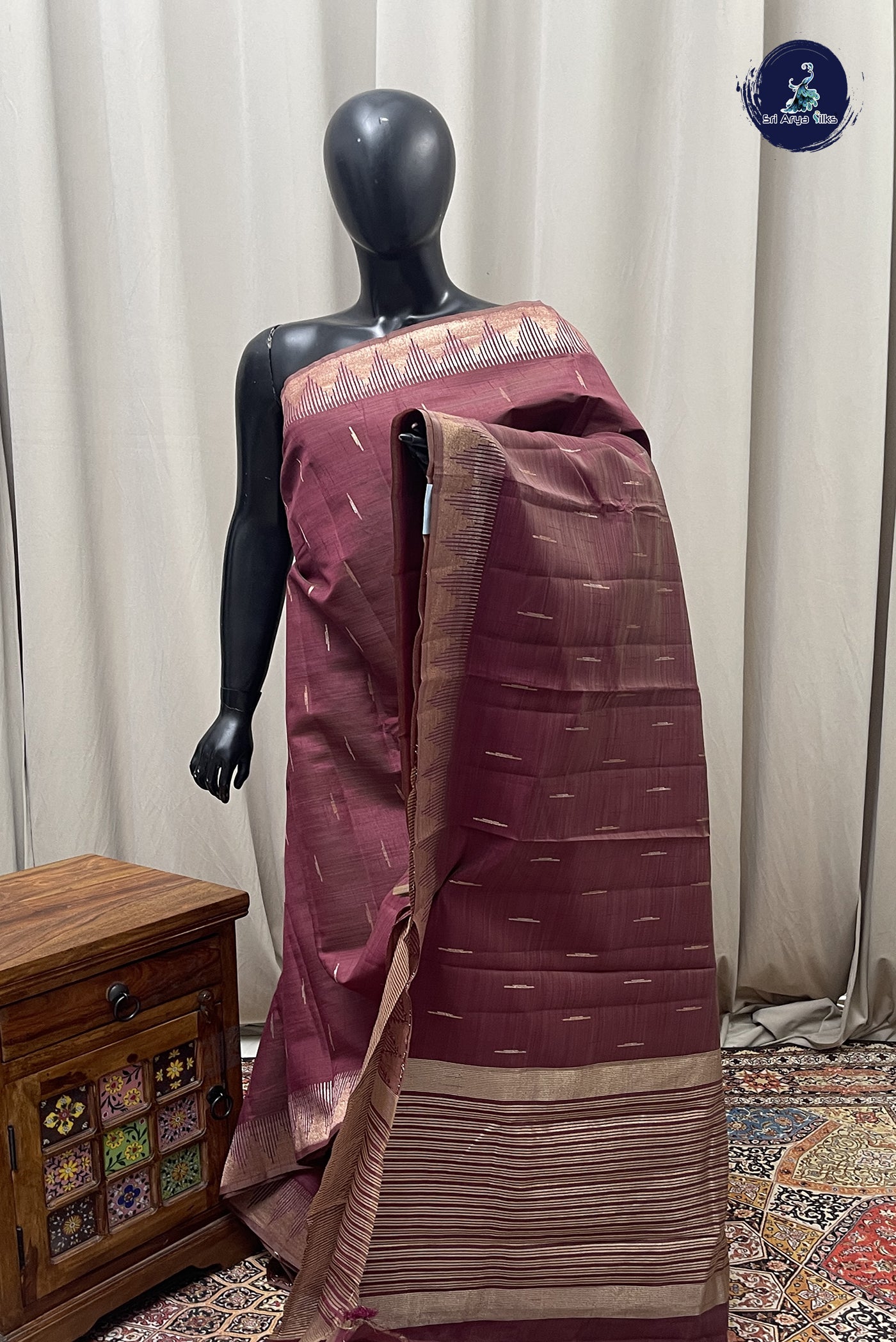 Burgundy Semi Tussar Saree With Zari Buttas Pattern