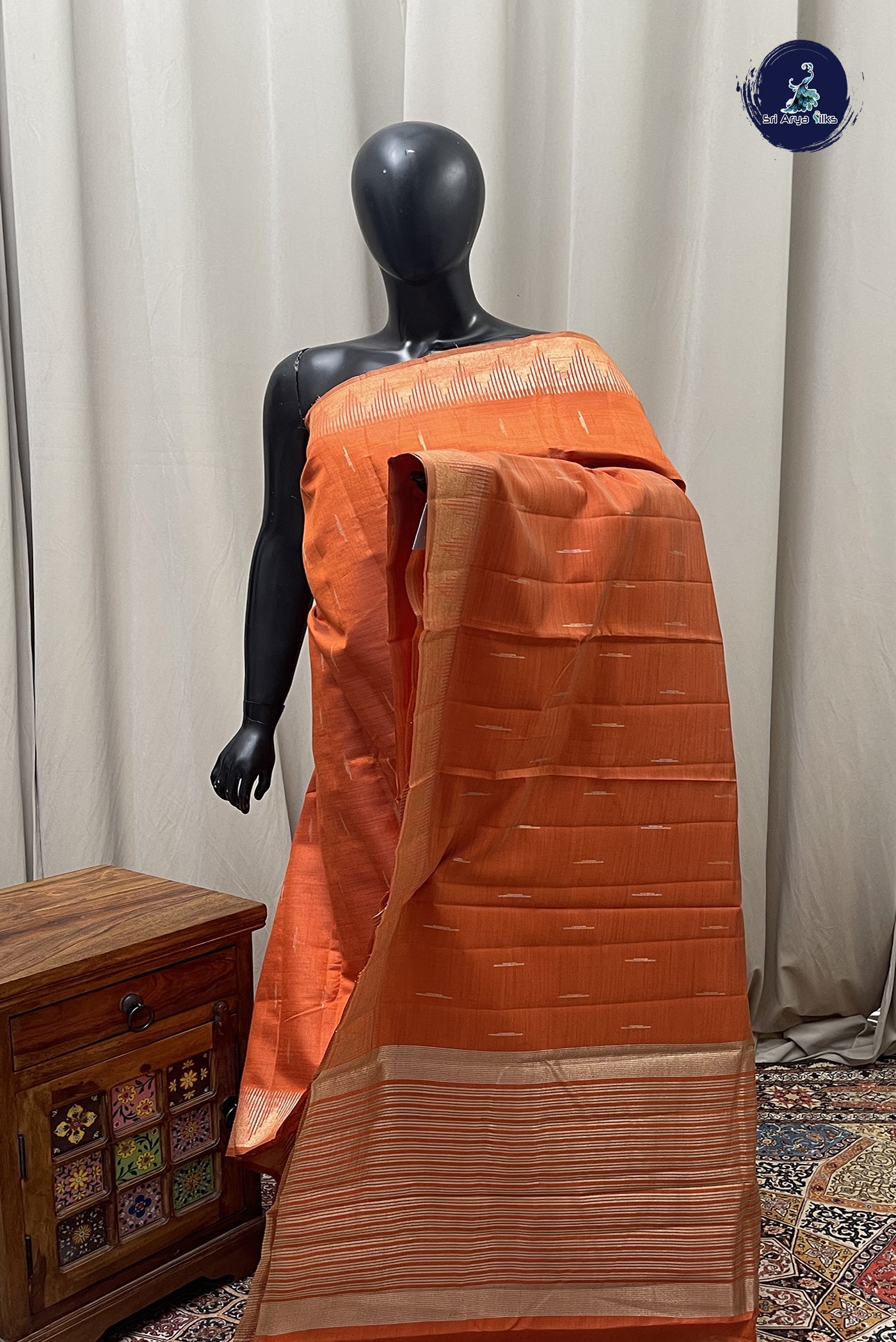 Orange Semi Tussar Saree With Zari Buttas Pattern