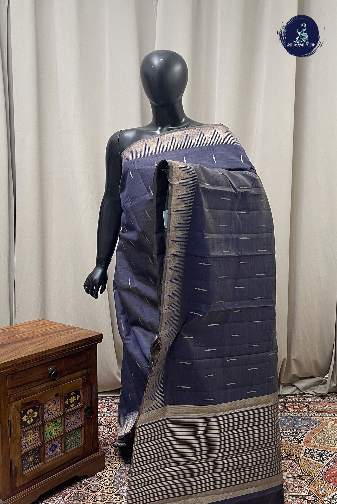 Blue Semi Tussar Saree With Zari Buttas Pattern