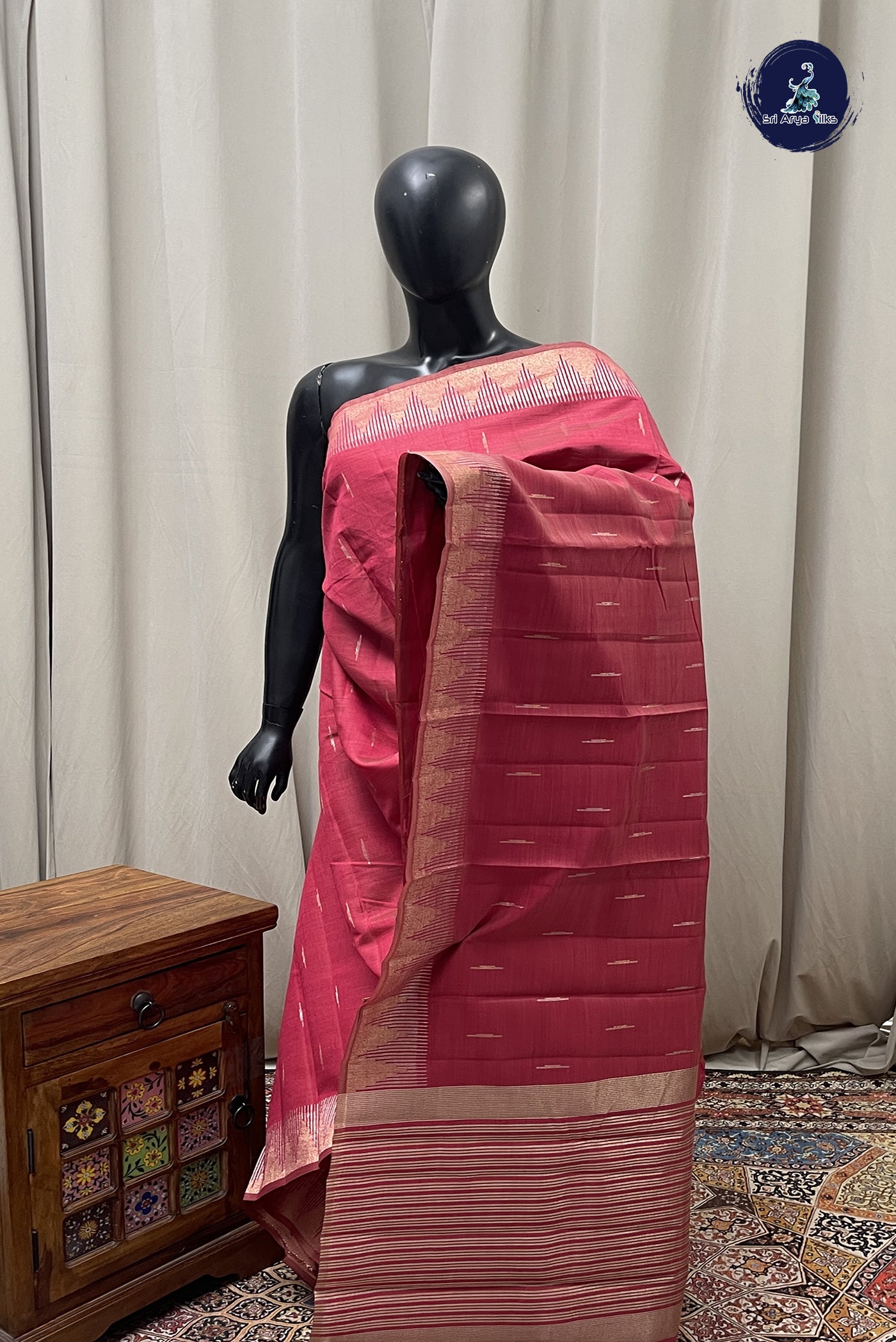 Dark Pink Semi Tussar Saree With Zari Buttas Pattern