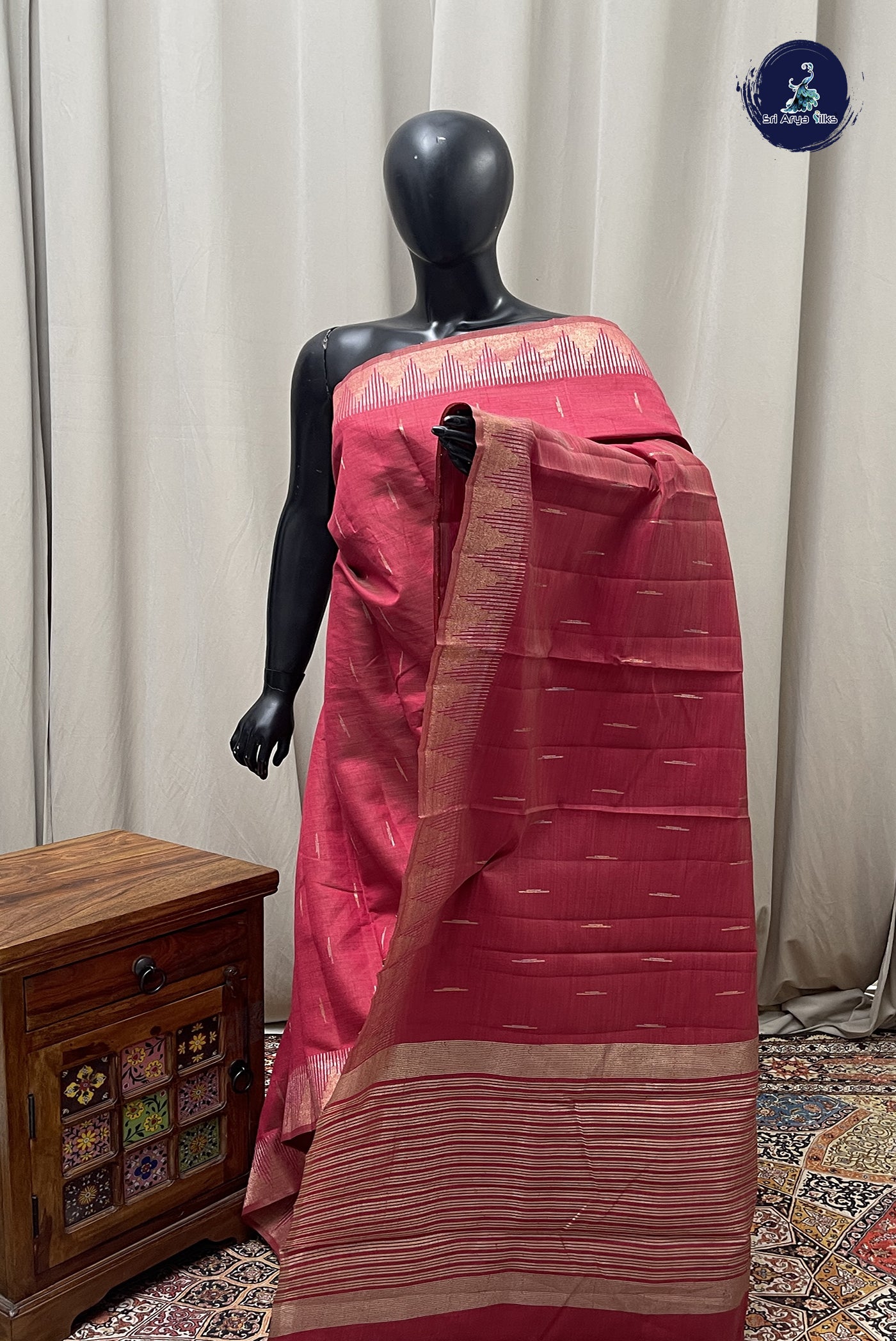Dark Pink Semi Tussar Saree With Zari Buttas Pattern