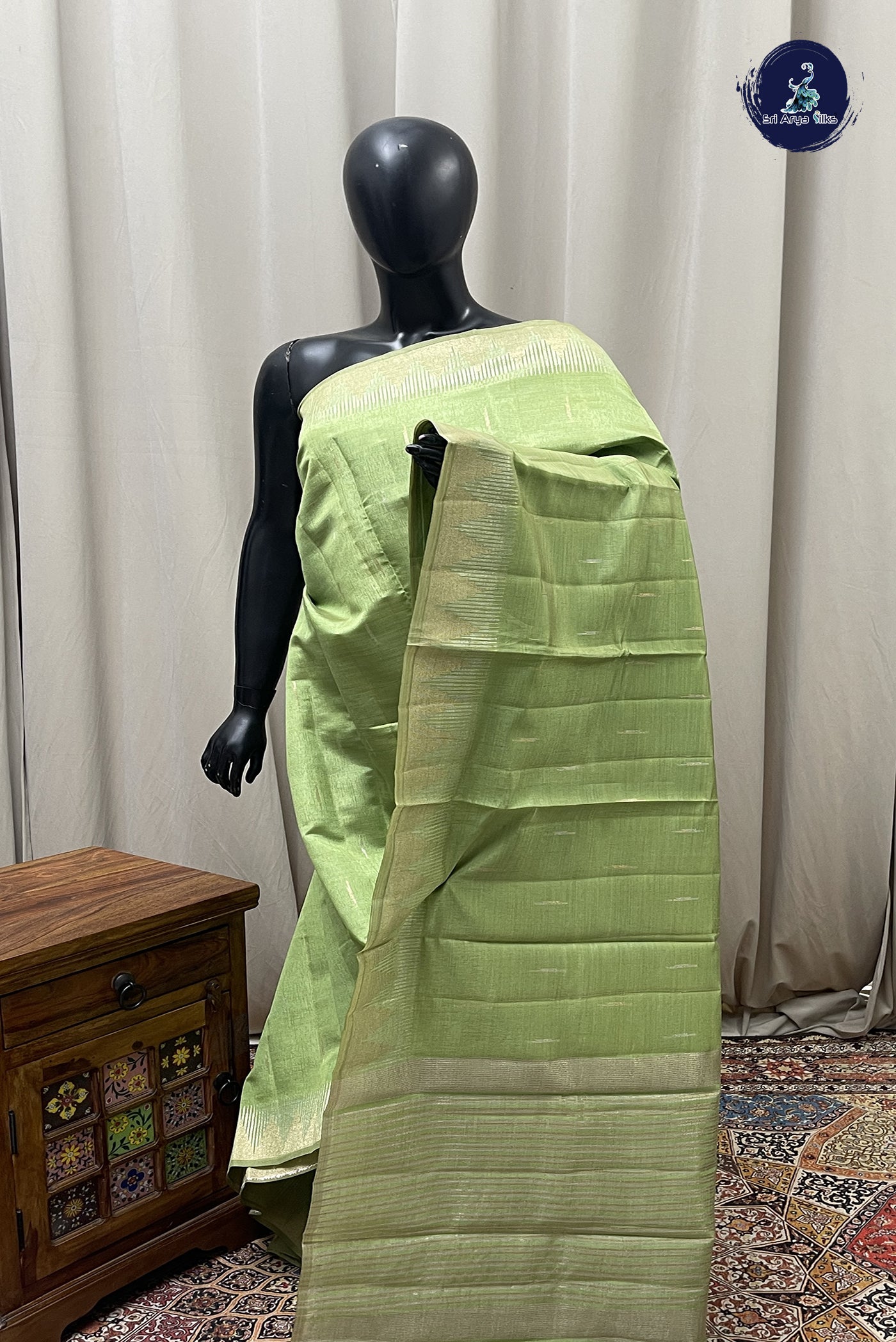 Pastel Green Semi Tussar Saree With Zari Buttas Pattern
