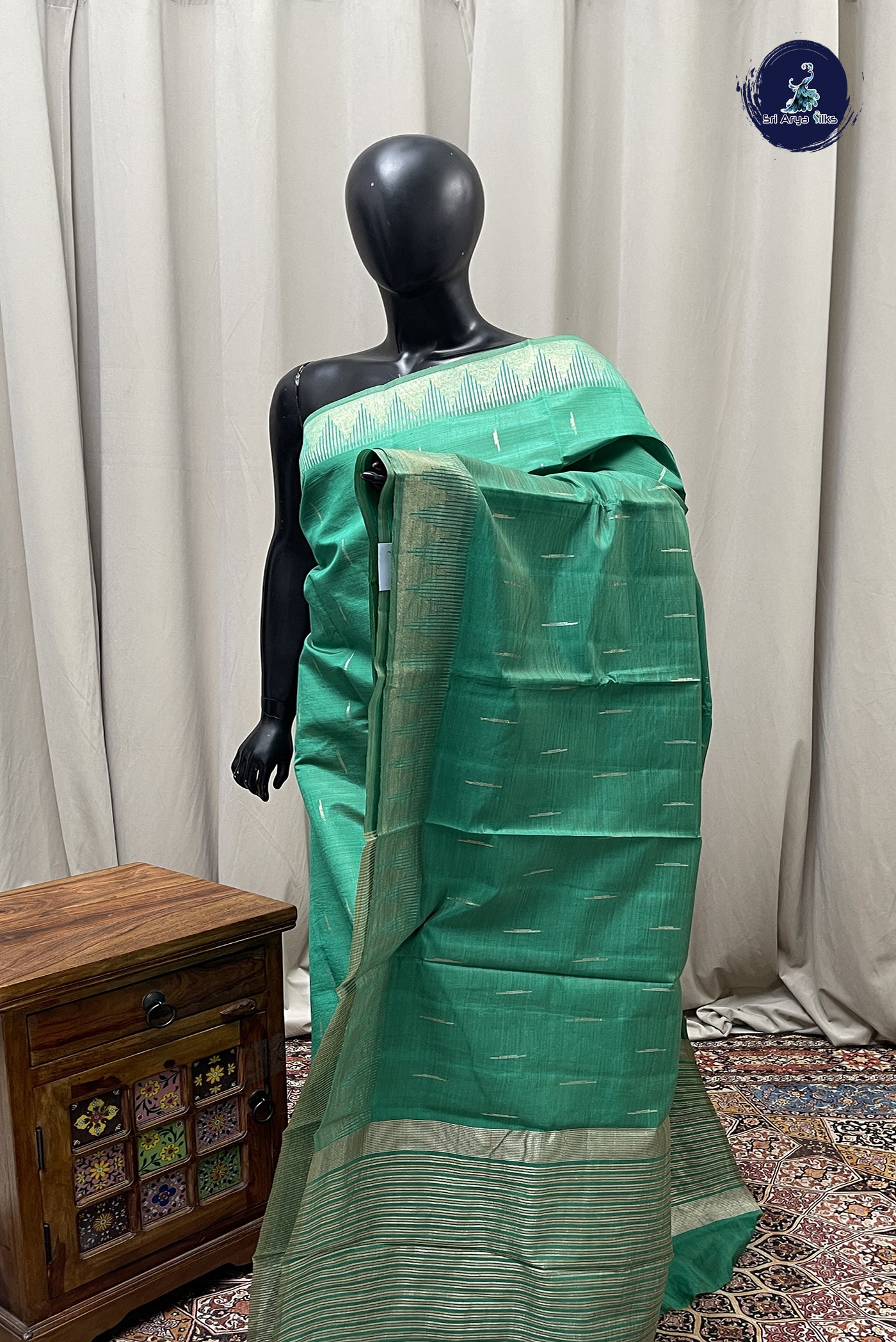 Green Semi Tussar Saree With Zari Buttas Pattern