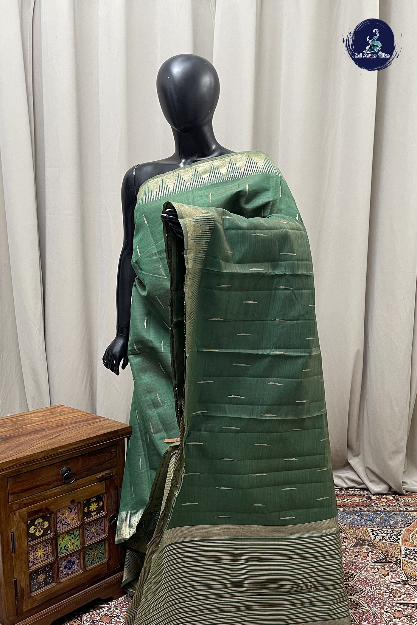 Dark Green Semi Tussar Saree With Zari Buttas Pattern