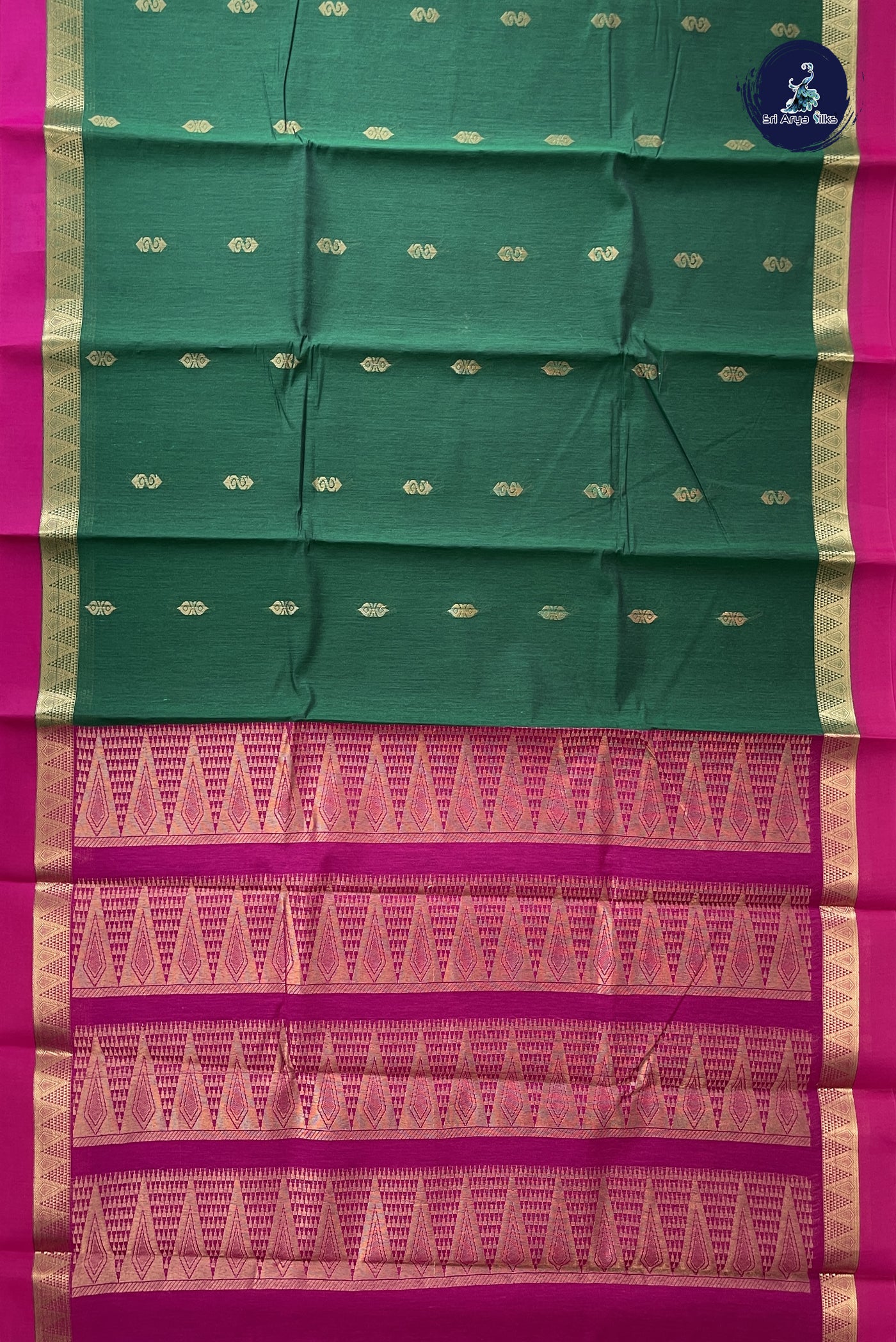 Dark Green Budget Semi Silk Cotton Saree With Zari Buttas Pattern