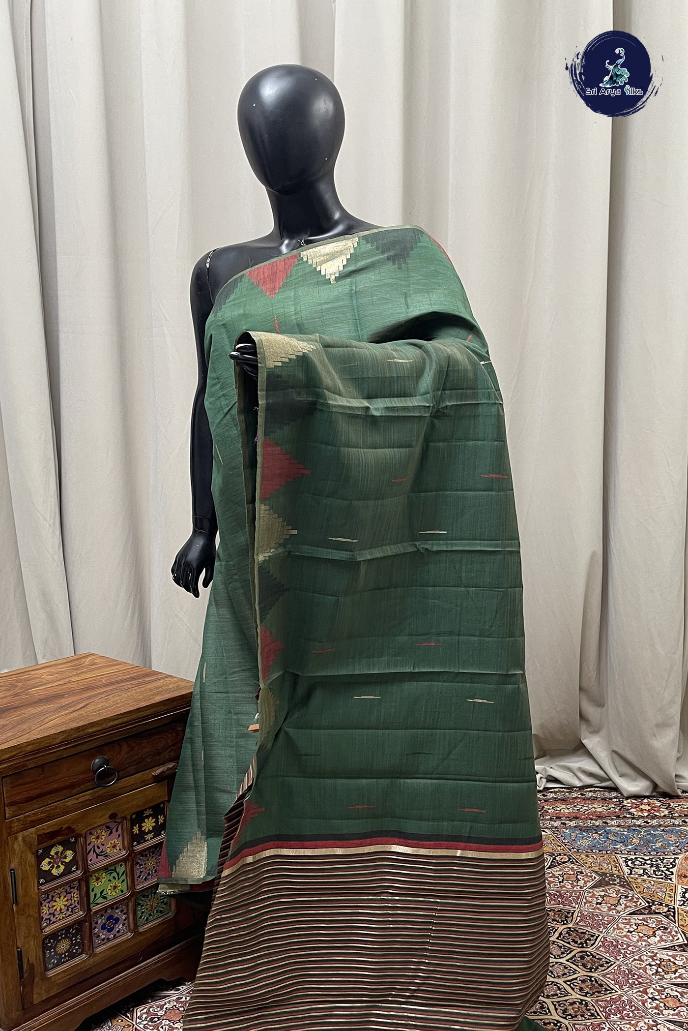 Dark Green Semi Tussar Saree With Buttas Pattern