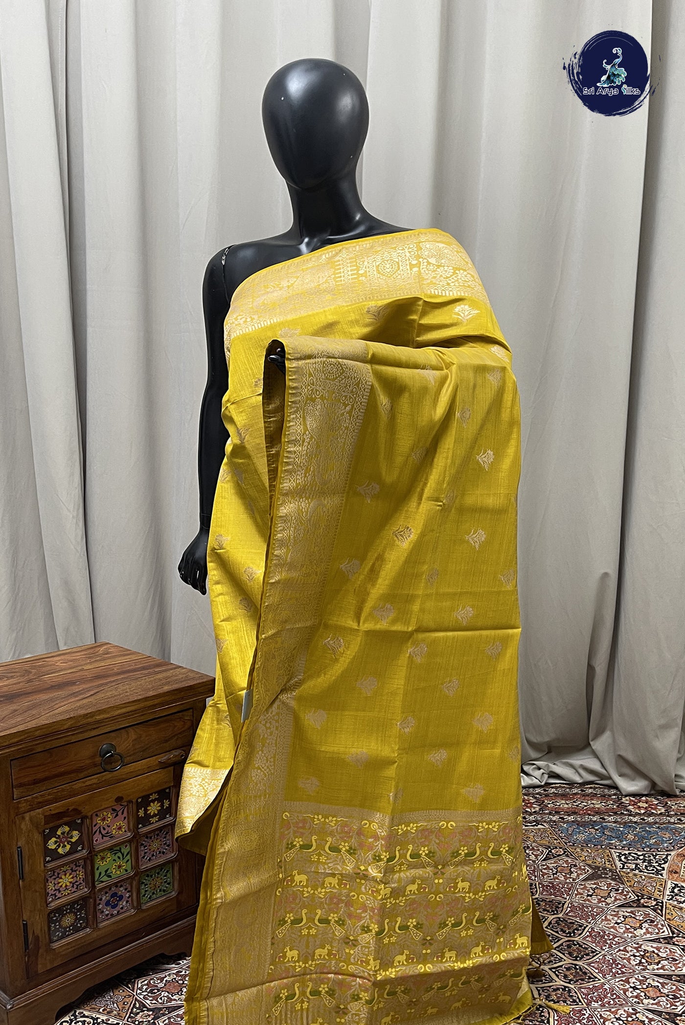 Yellow Semi Tussar Saree With Zari Buttas Pattern
