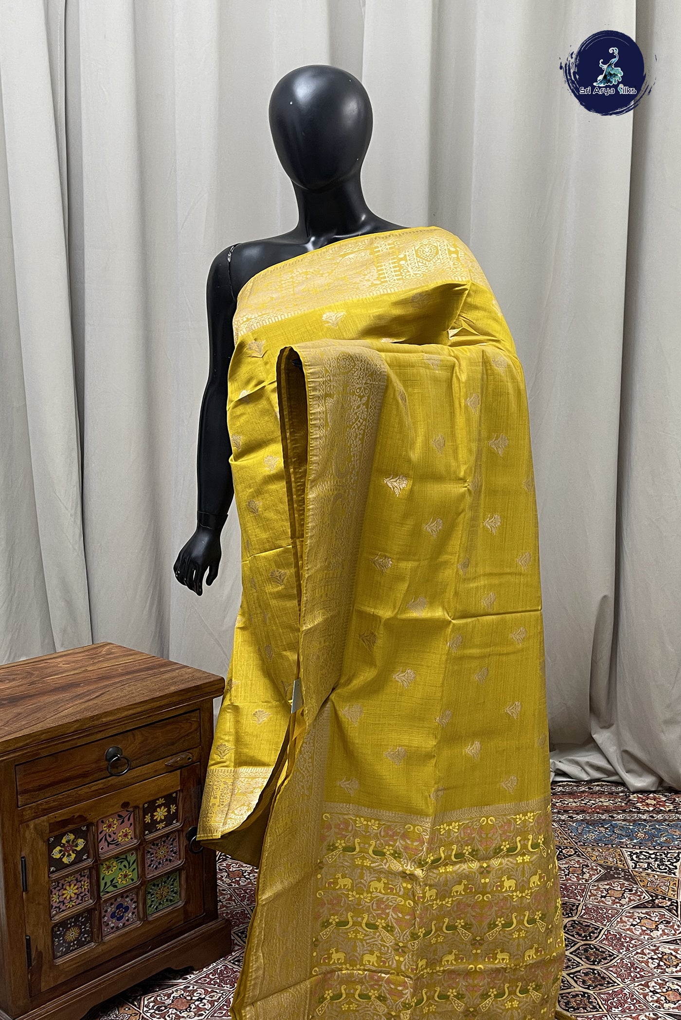 Yellow Semi Tussar Saree With Zari Buttas Pattern