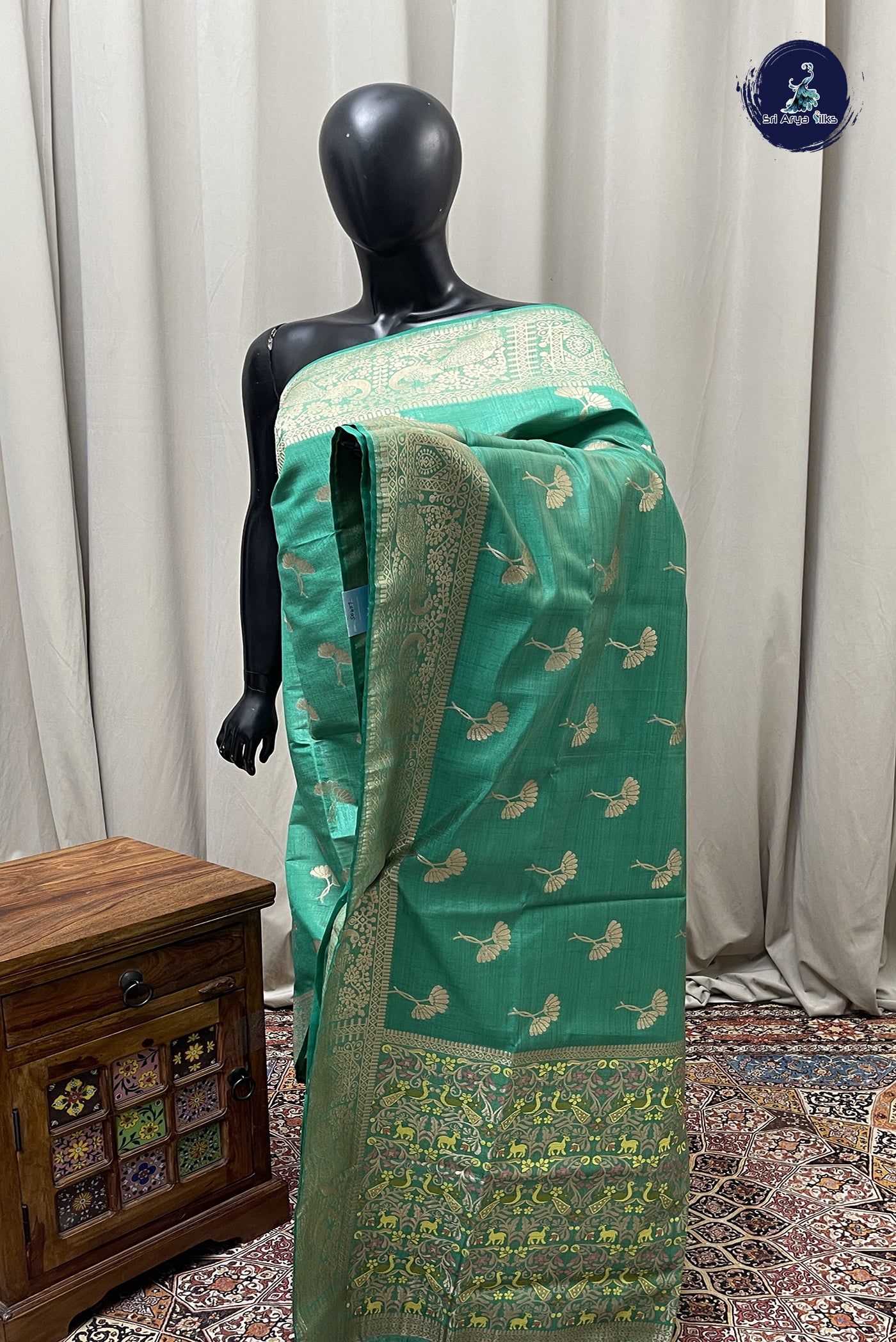 Green Semi Tussar Saree With Zari Buttas Pattern