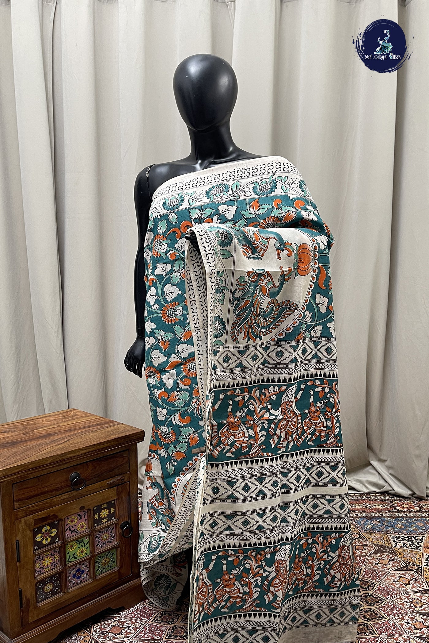 Teal Semi Silk Saree With Kalamkari Pattern