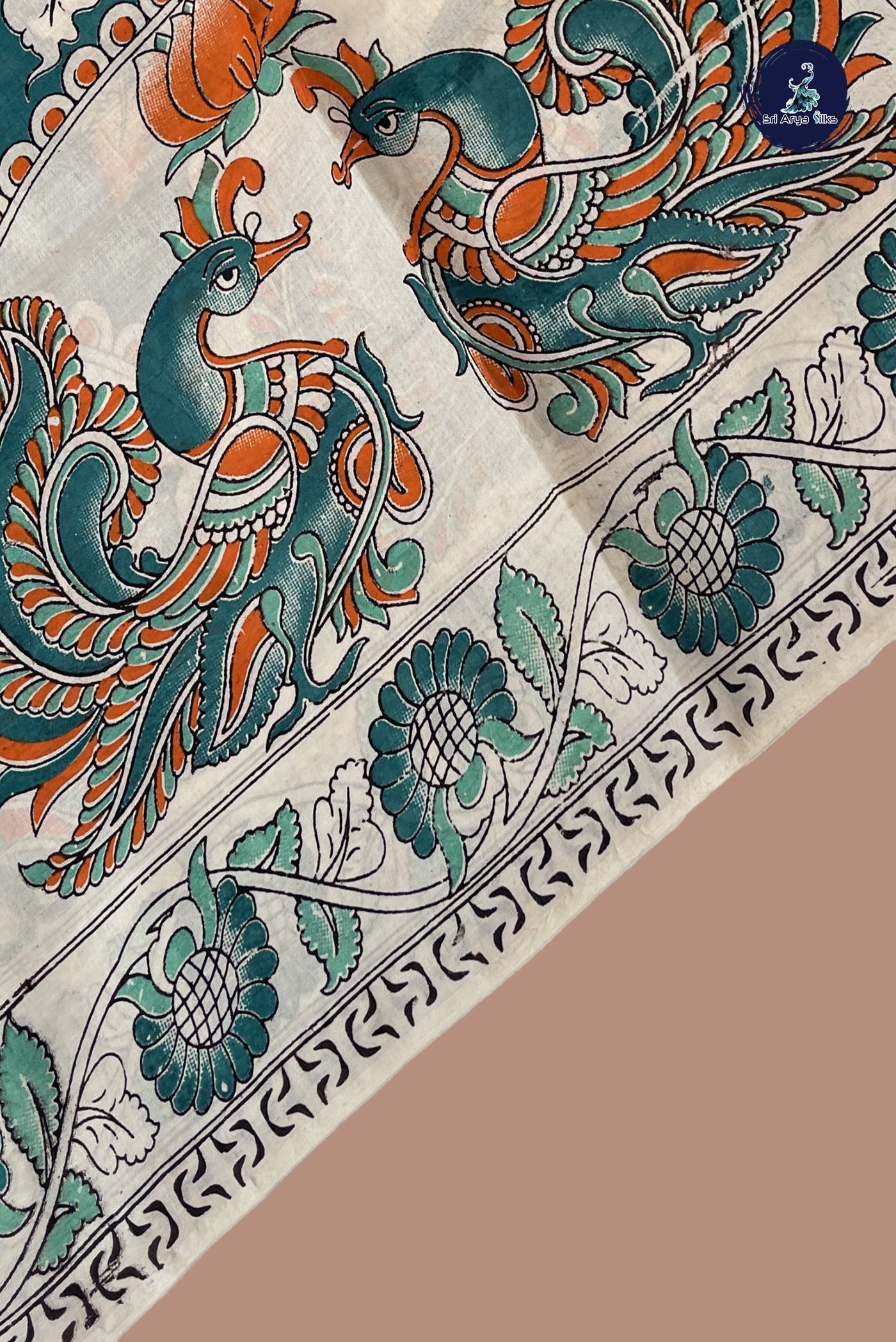 Teal Semi Silk Saree With Kalamkari Pattern