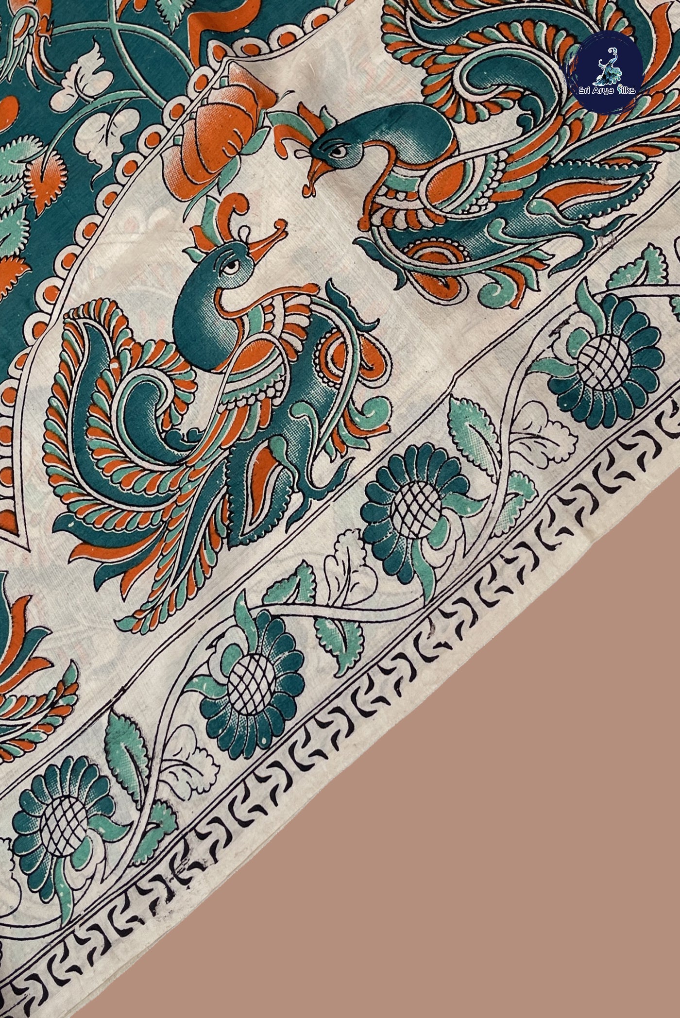 Teal Semi Silk Saree With Kalamkari Pattern