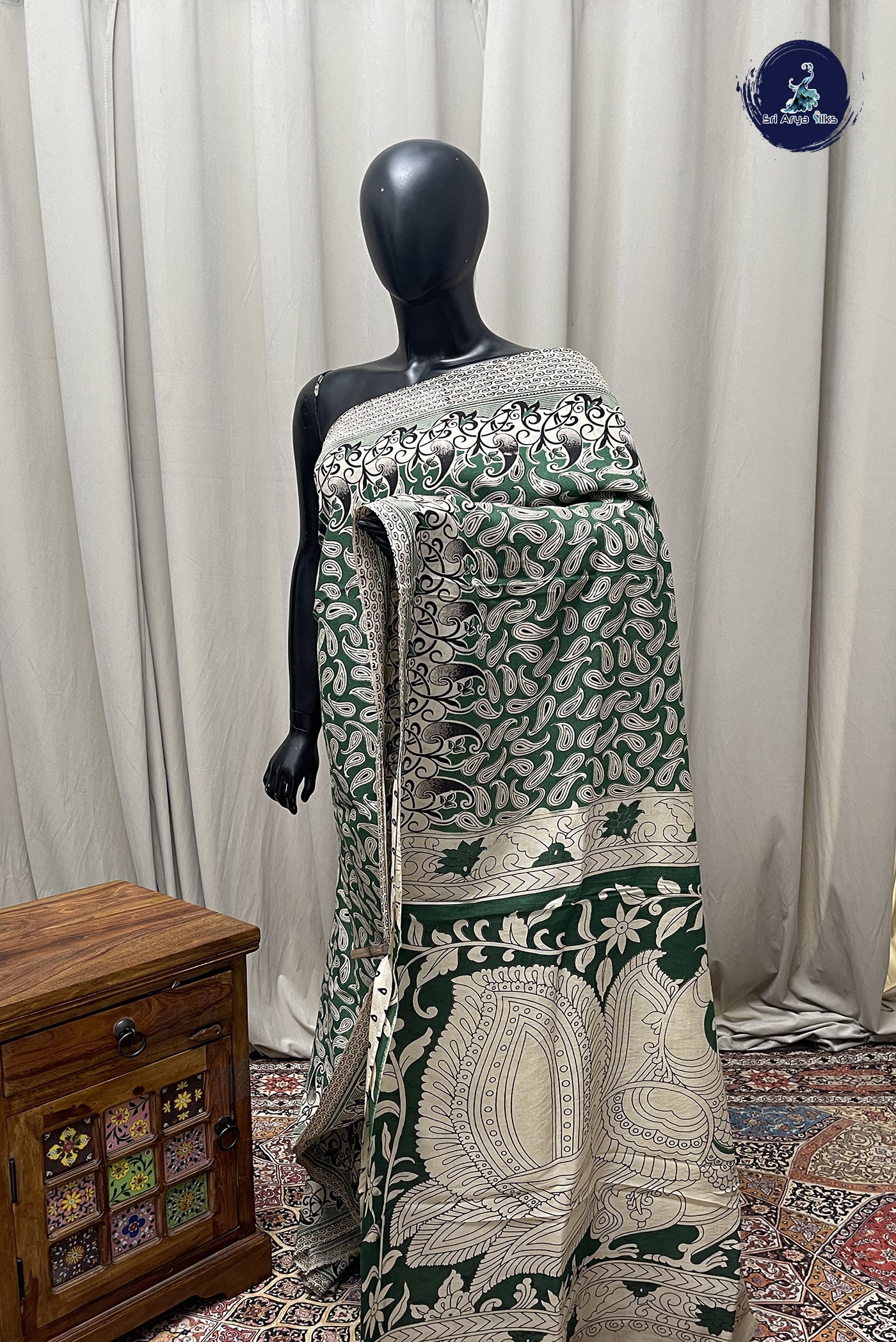 Green Semi Silk Saree With Pichwai Print Pattern