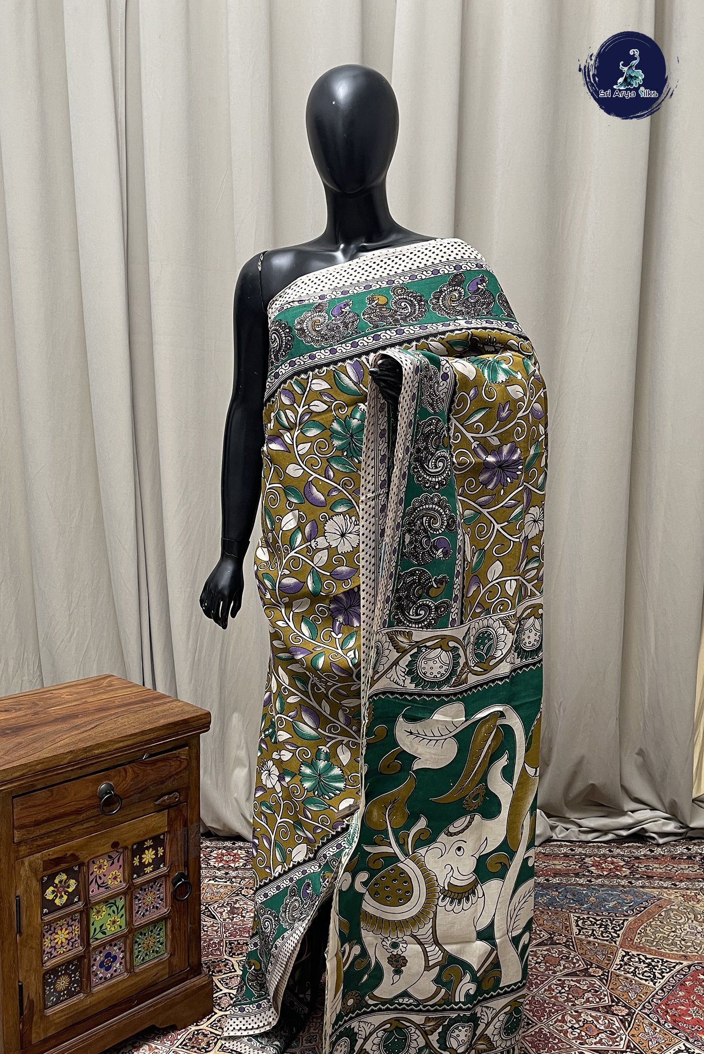 Mehendi Green Semi Silk Saree With Pichwai Print Pattern