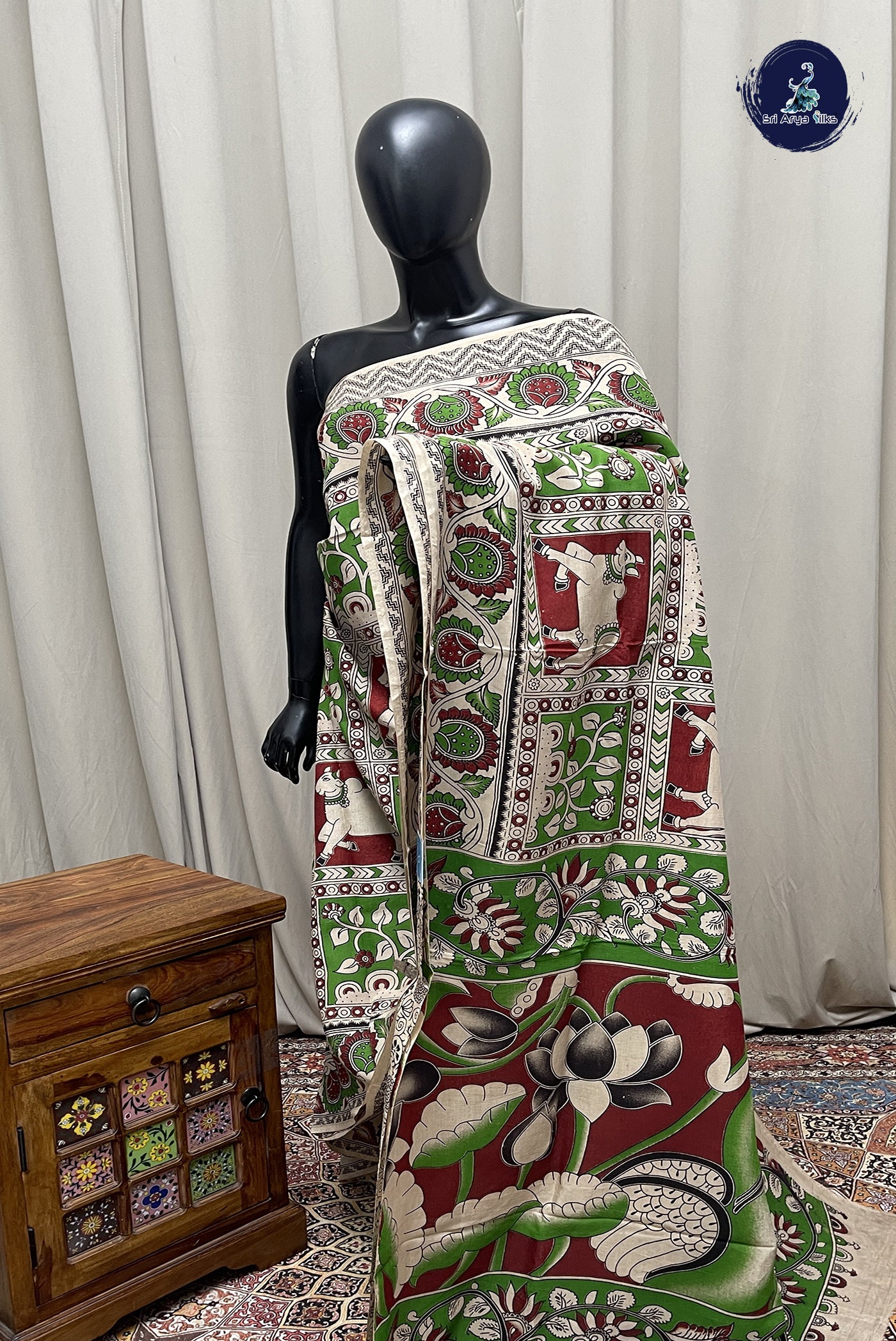Green Semi Silk Saree With Pichwai Print Pattern