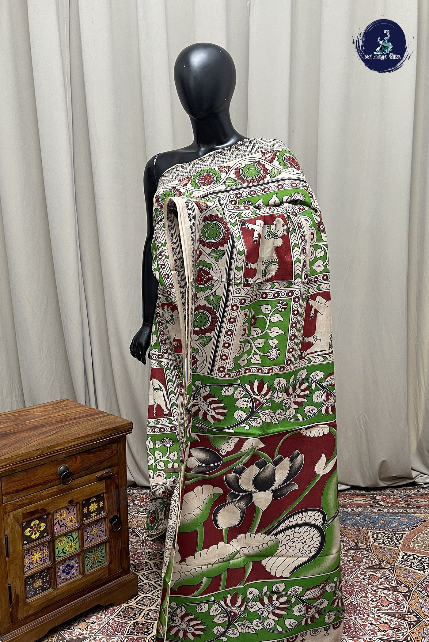 Green Semi Silk Saree With Pichwai Print Pattern