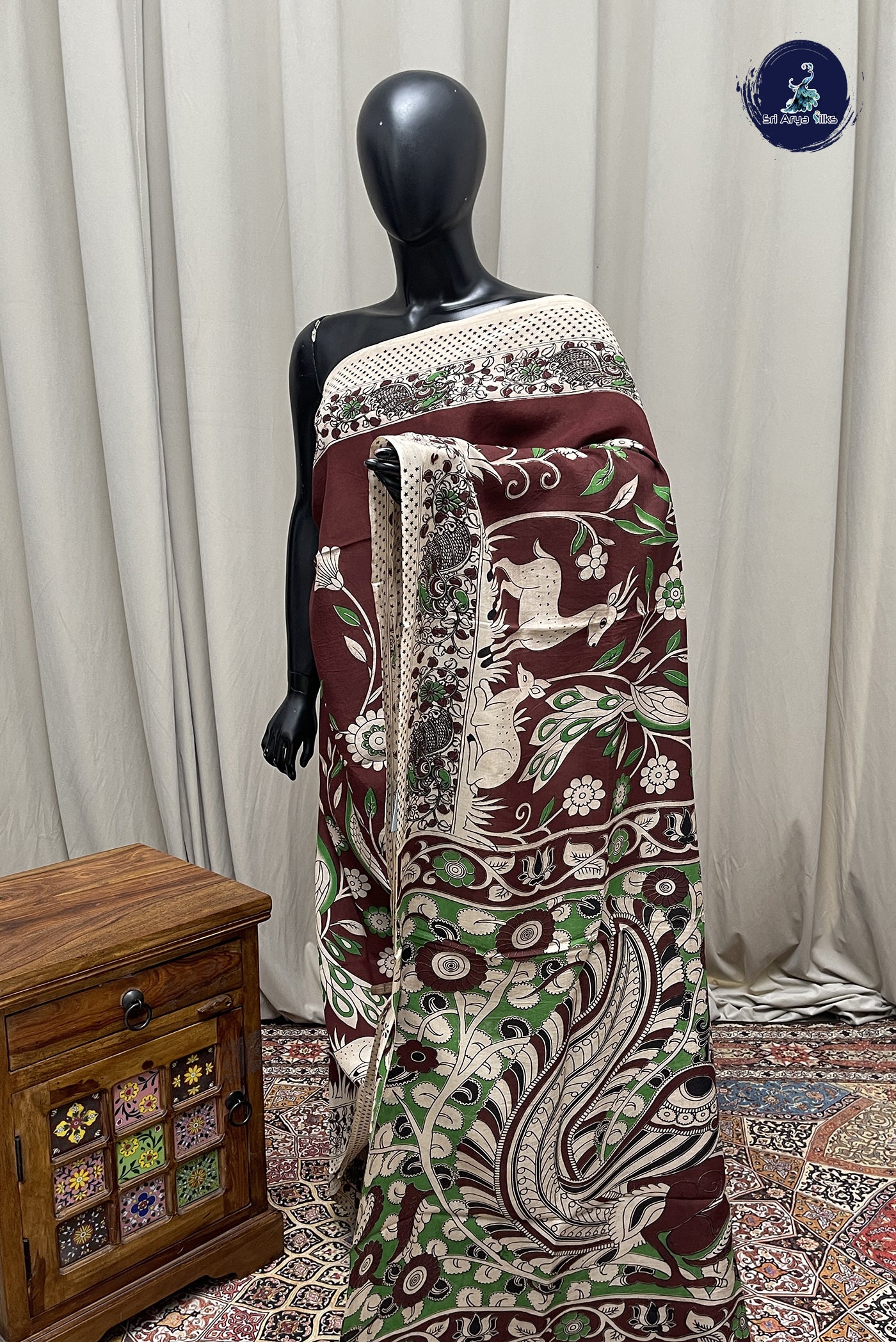 Brown Semi Silk Saree With Pichwai Print Pattern