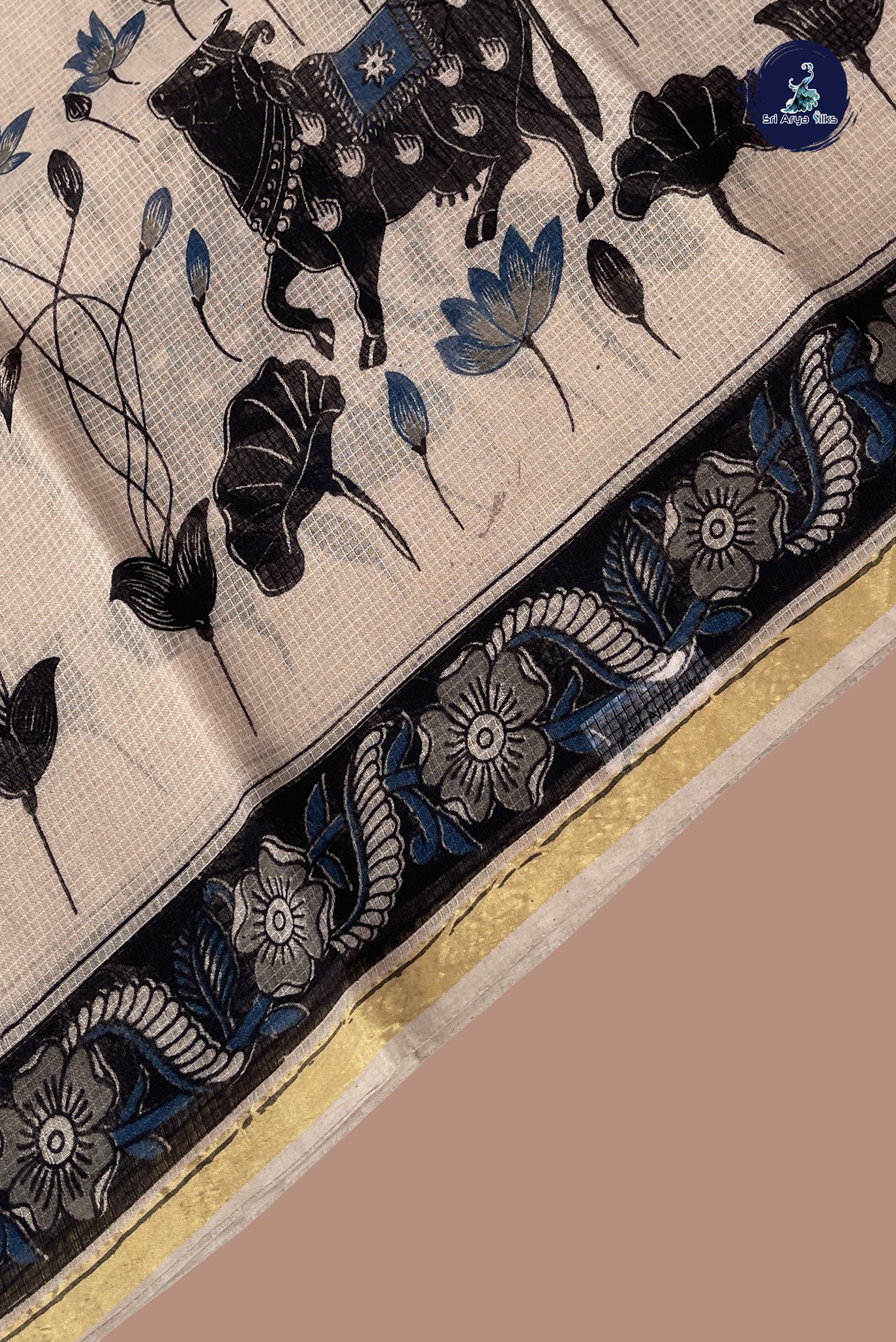 Beige Kota Saree With Printed Pattern
