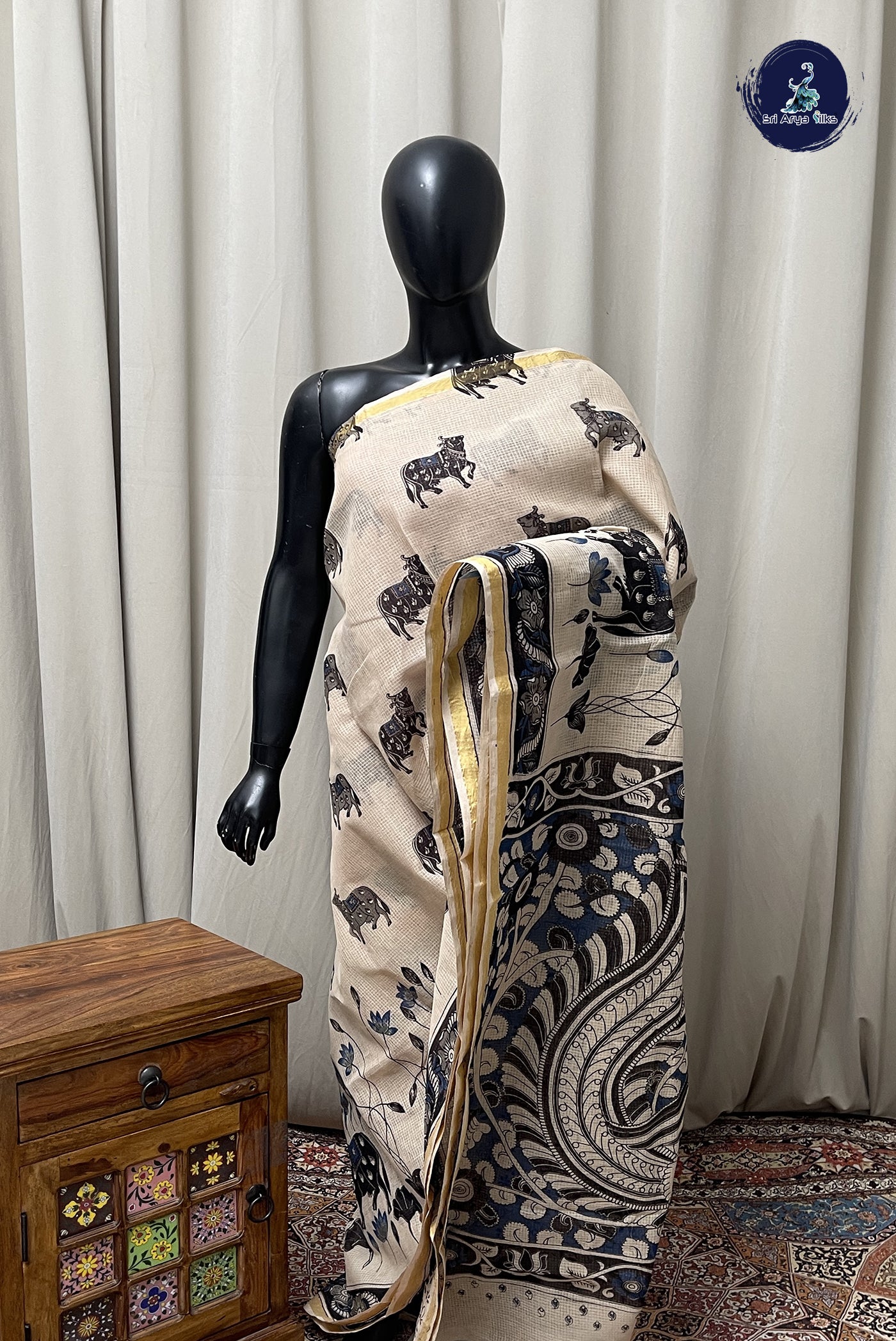 Beige Kota Saree With Printed Pattern
