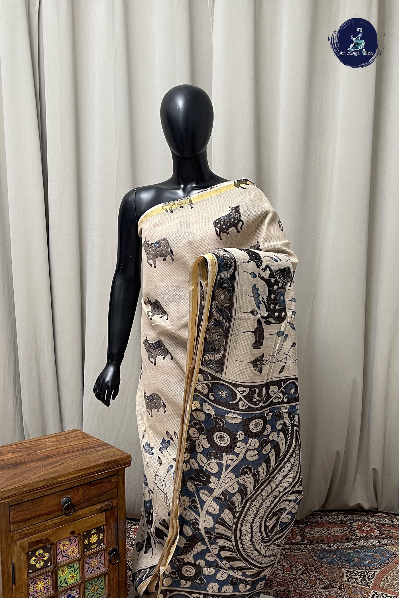 Beige Kota Saree With Printed Pattern