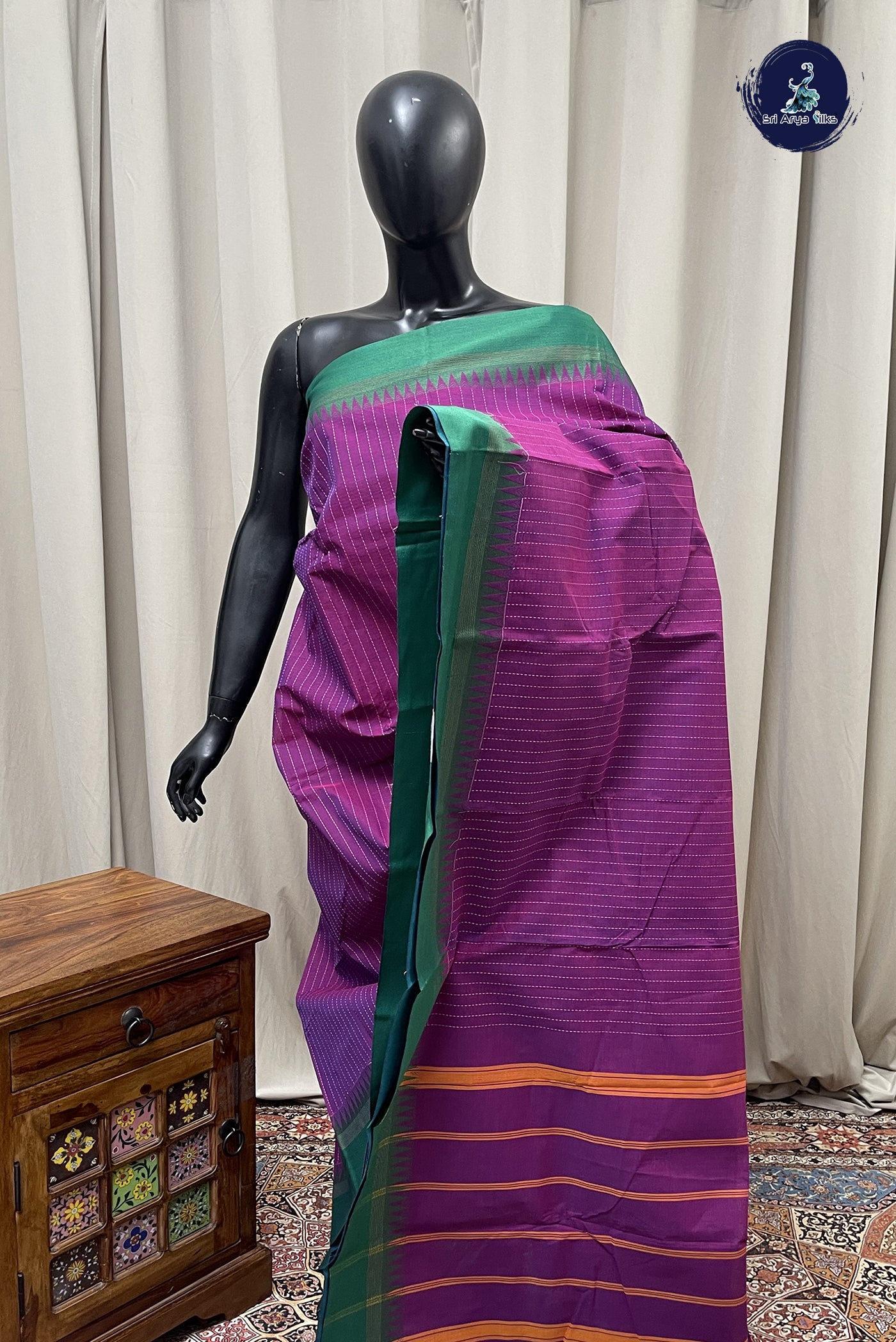 Purple Kanchi Cotton Saree With Stripes Pattern