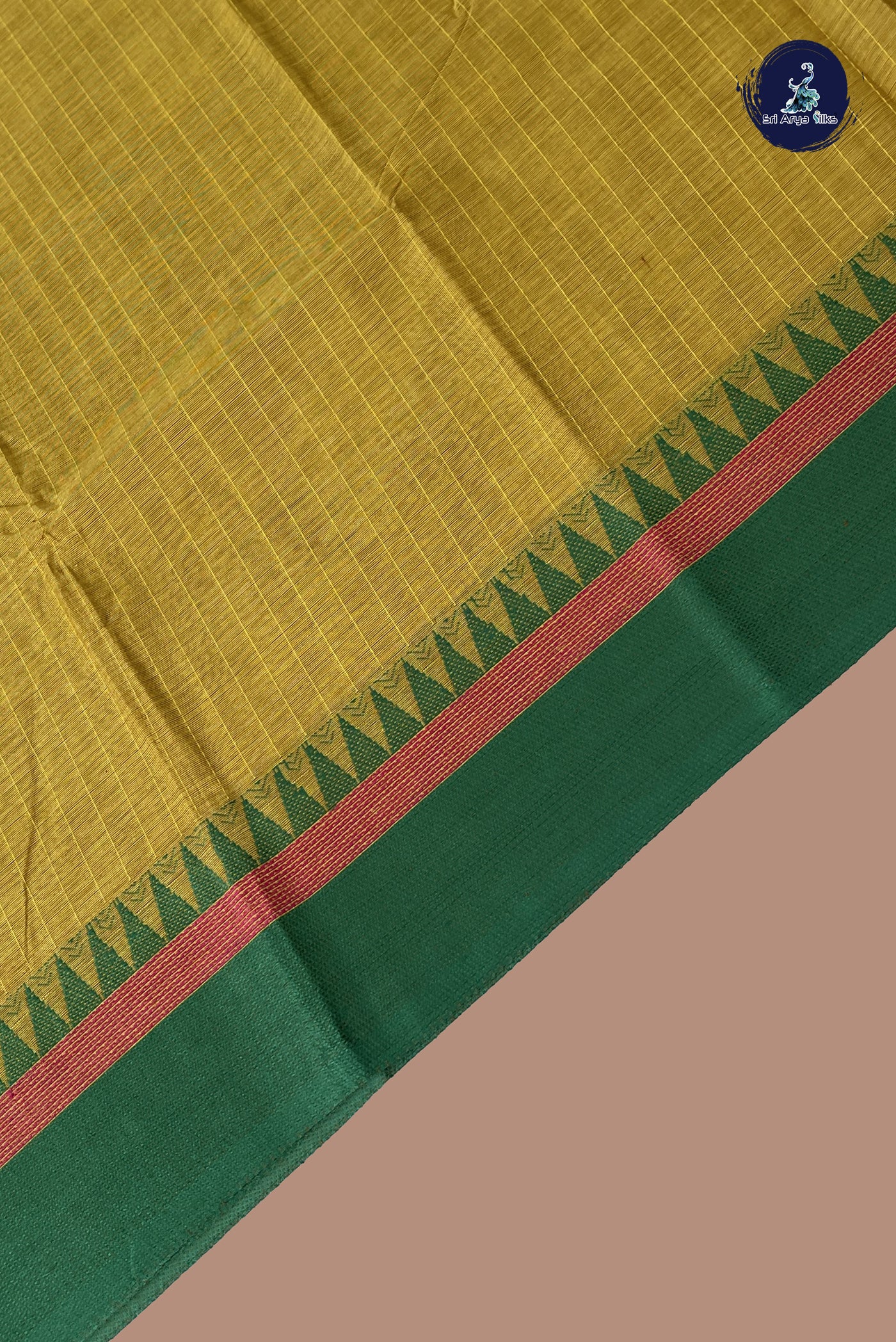 Yellowish Green Kanchi Cotton Saree With Stripes Pattern