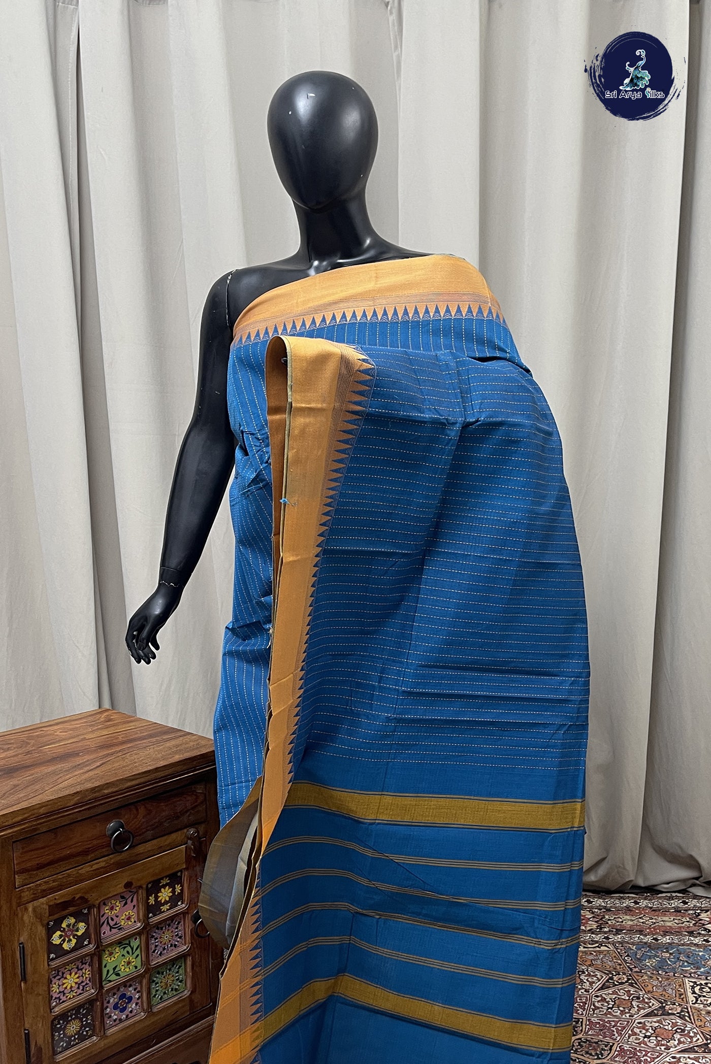 Blue Kanchi Cotton Saree With Stripes Pattern