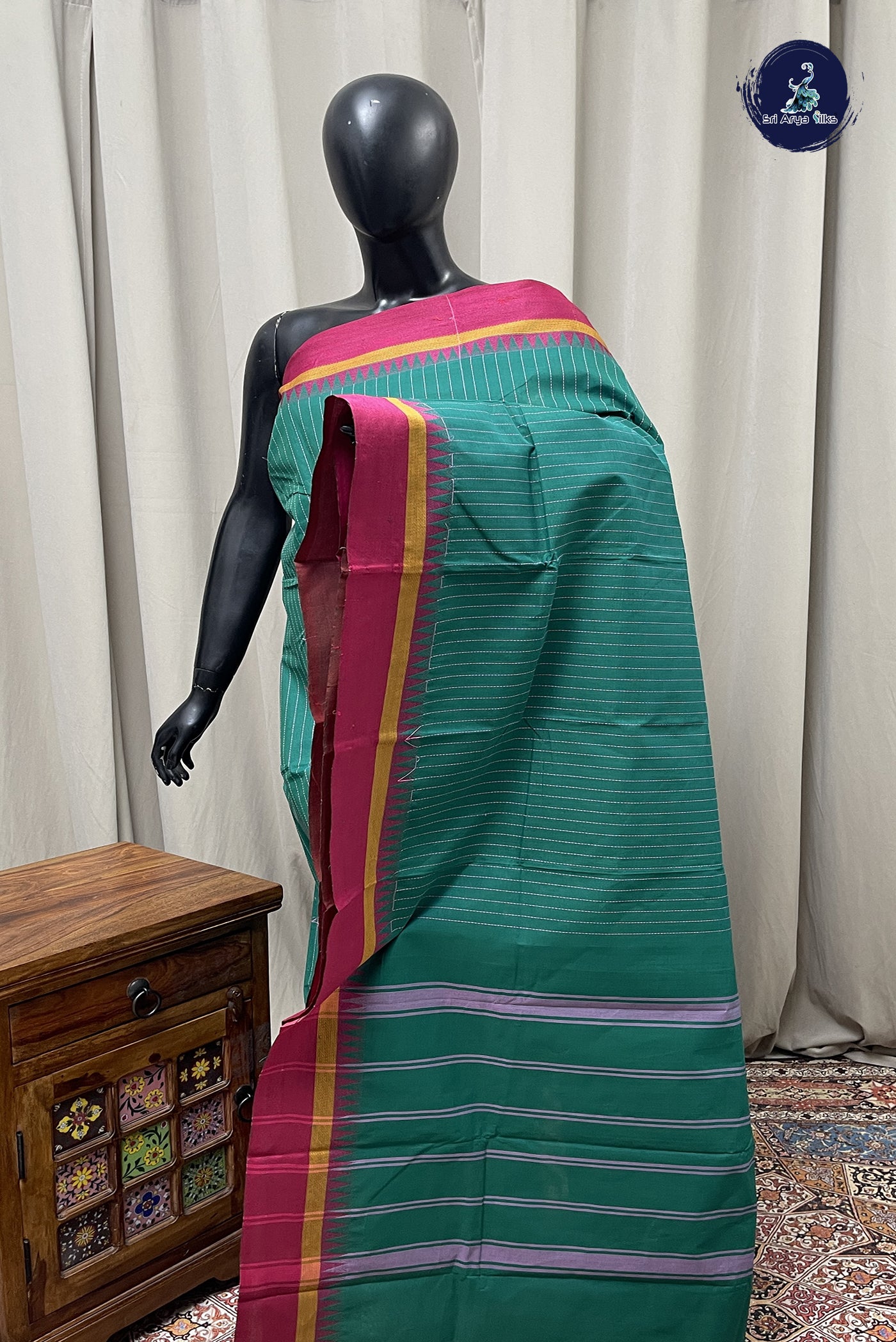 Green Kanchi Cotton Saree With Stripes Pattern