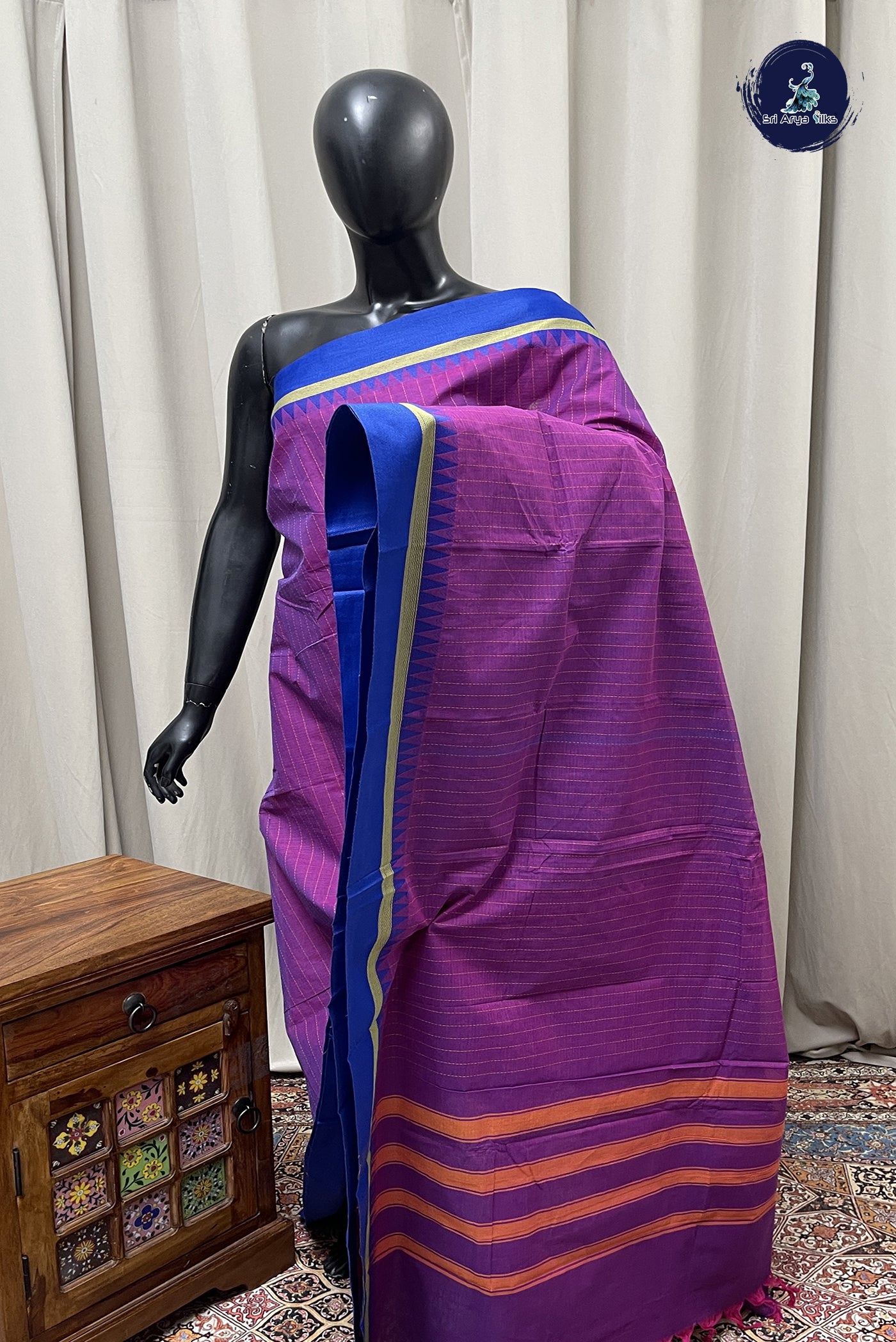 Dual Tone Purple Kanchi Cotton Saree With Stripes Pattern