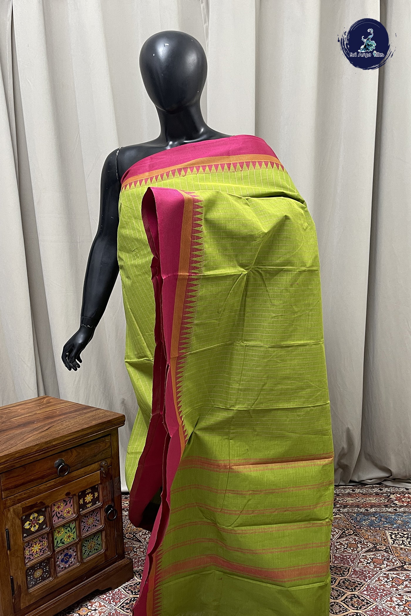 Light Green Kanchi Cotton Saree With Stripes Pattern