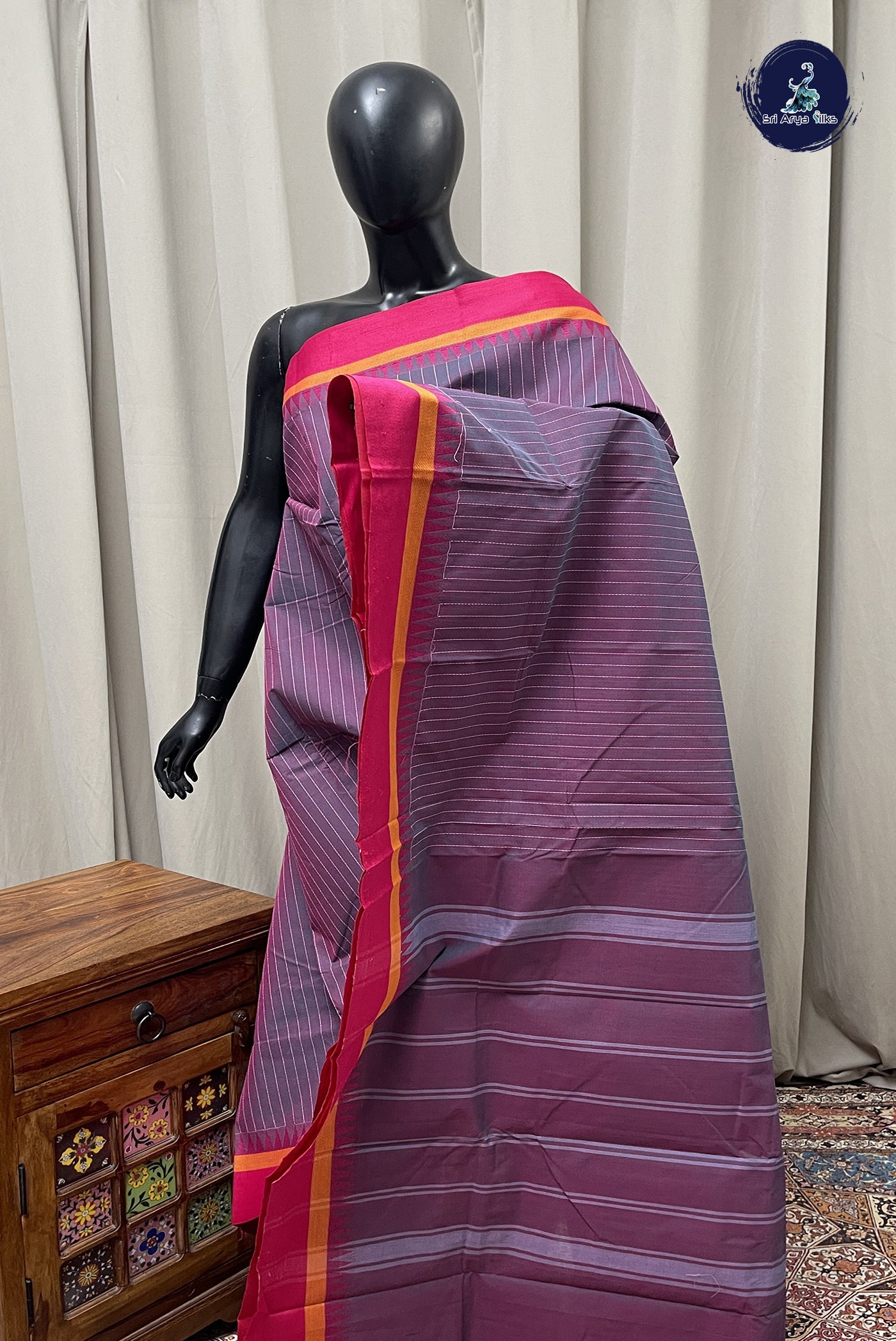 Lavender Kanchi Cotton Saree With Stripes Pattern