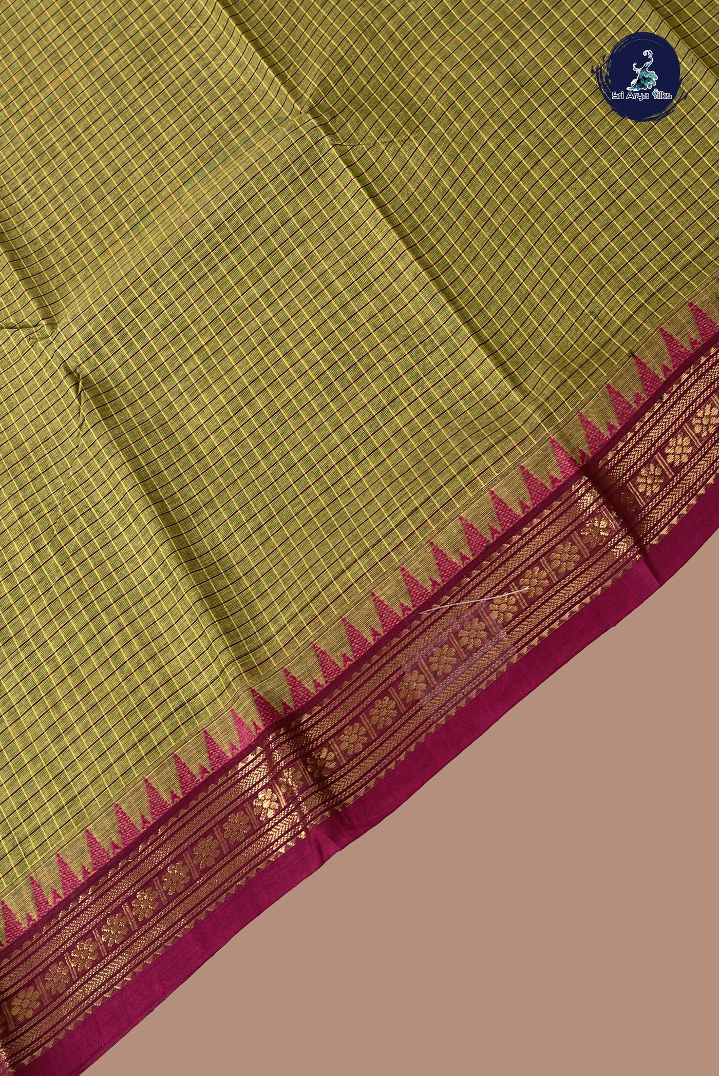 Lime Green Kanchi Cotton Saree With Checked Pattern