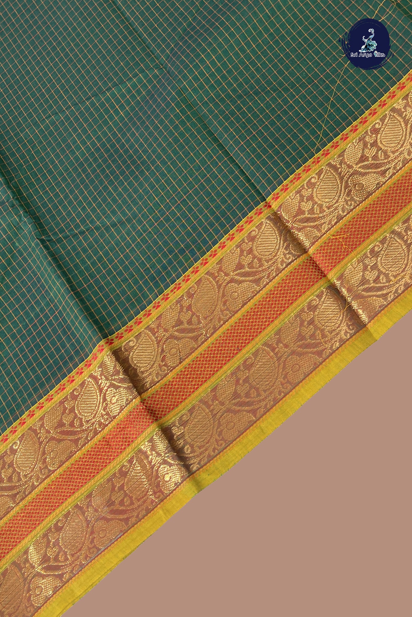 Bottle Green Kanchi Cotton Saree With Checked Pattern