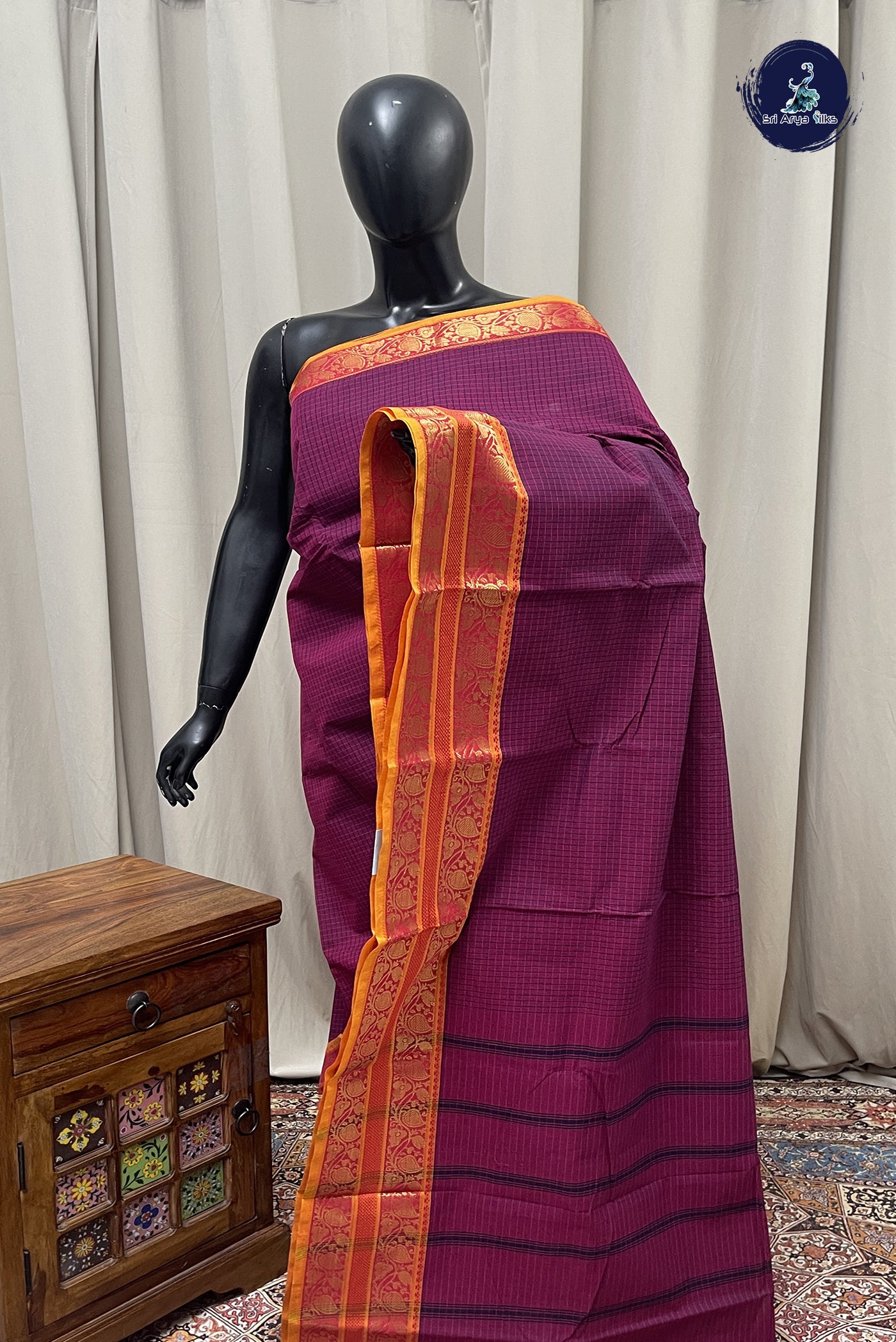 BeetRoot Shade Kanchi Cotton Saree With Checked Pattern