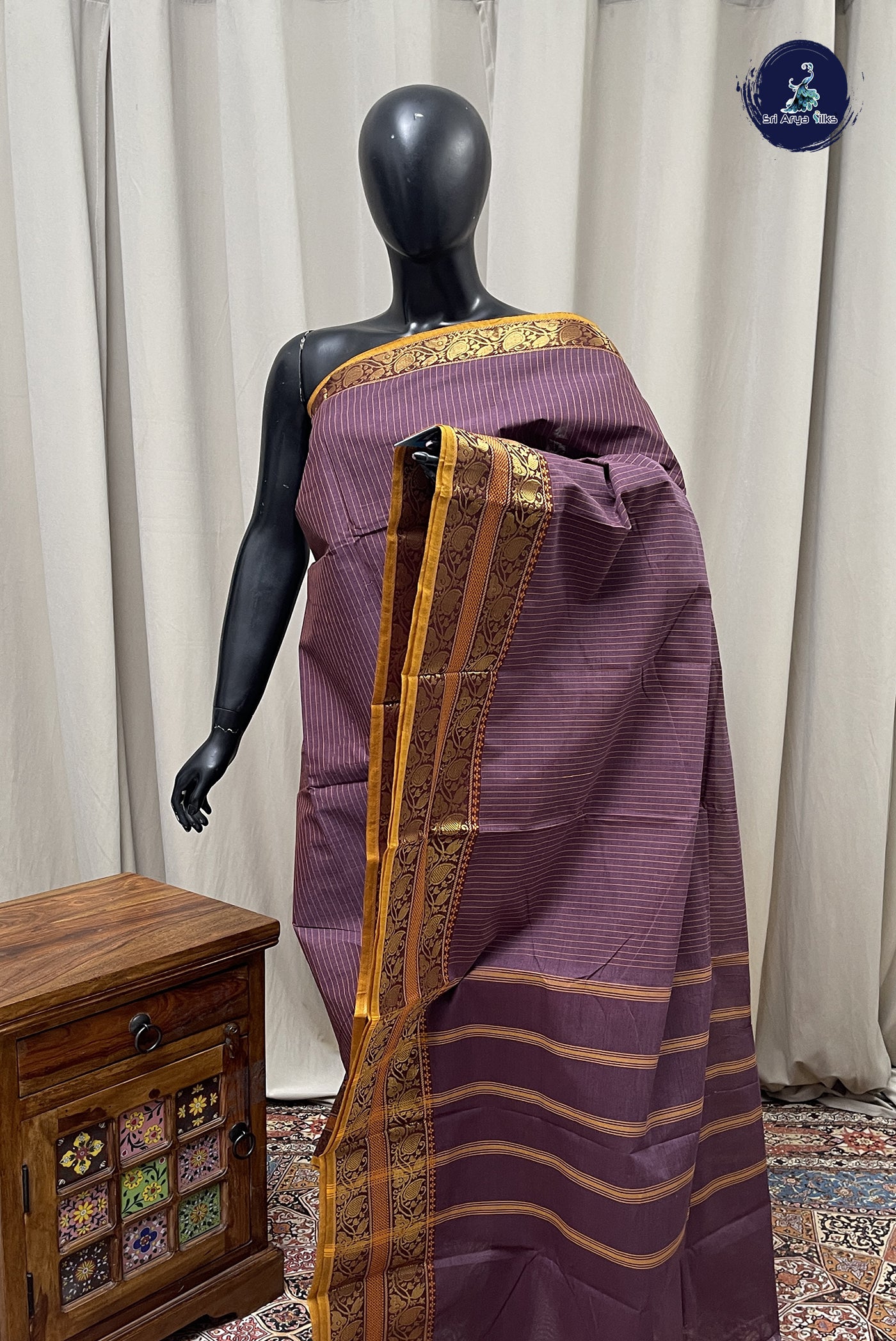 Burgundy Kanchi Cotton Saree With Stripes Pattern