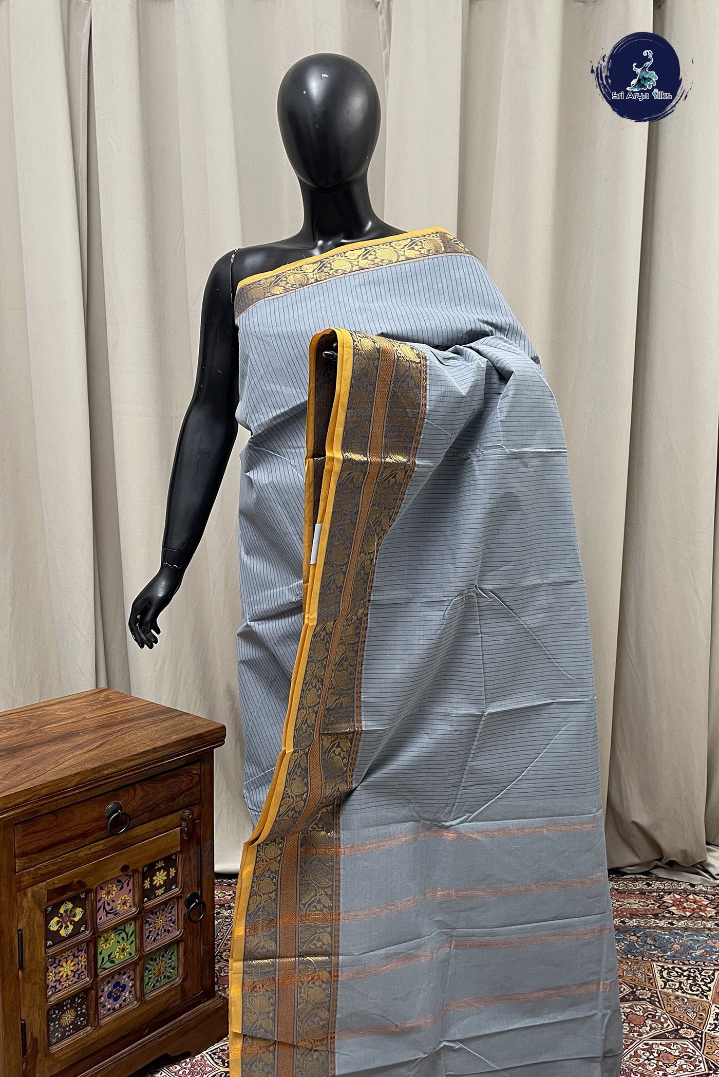 Grey Kanchi Cotton Saree With Stripes Pattern