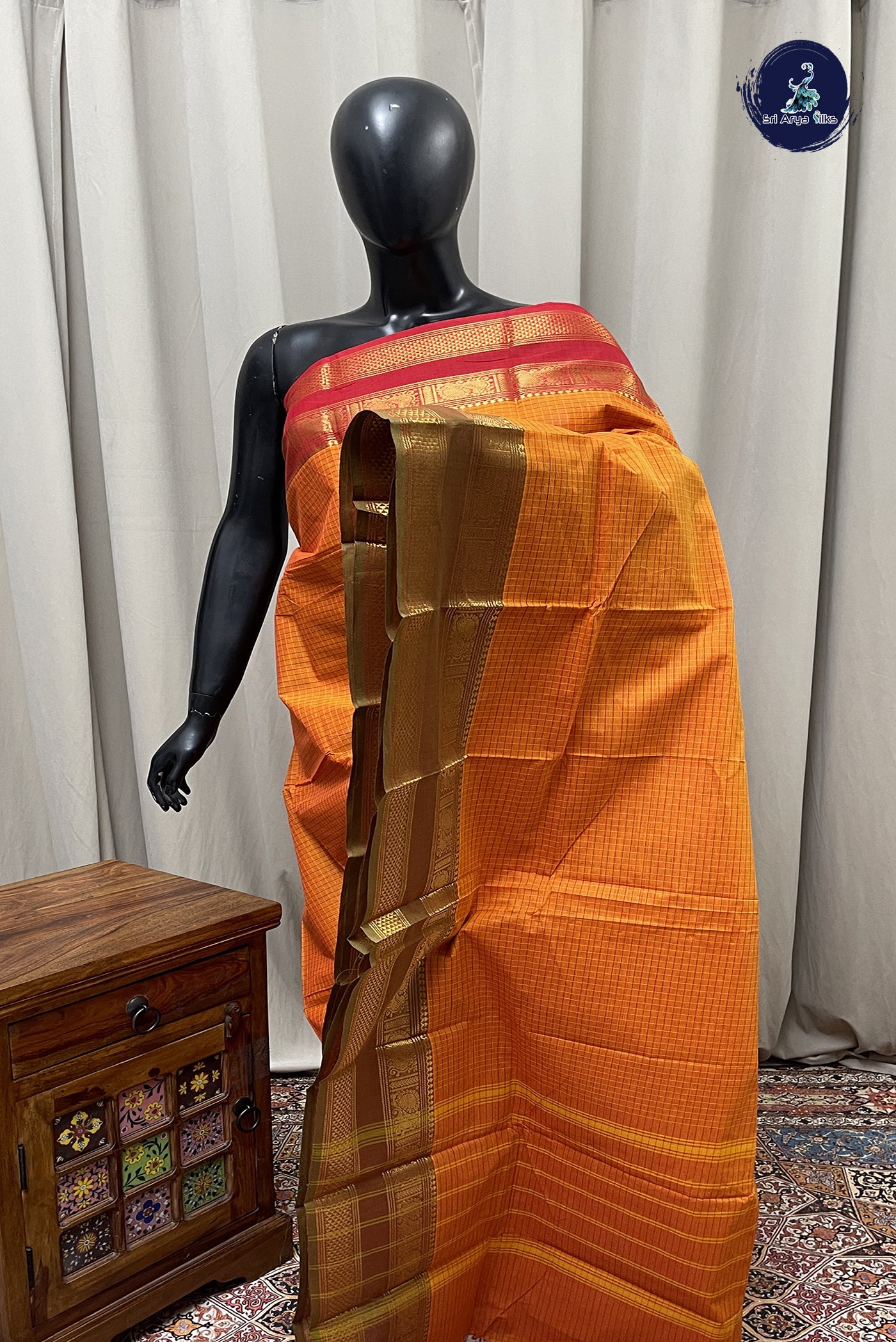 Orange Kanchi Cotton Saree With Checked Pattern