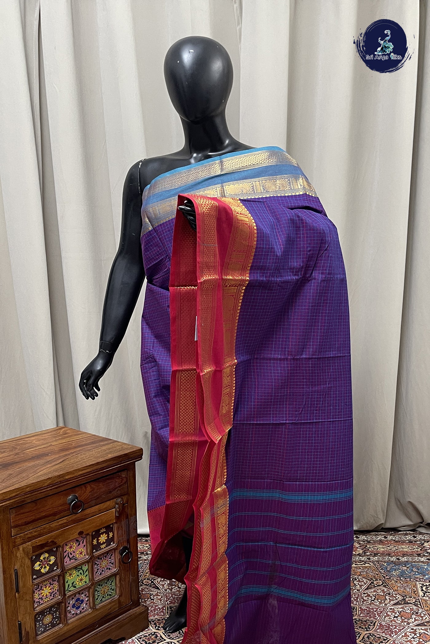 Violet Kanchi Cotton Saree With Checked Pattern