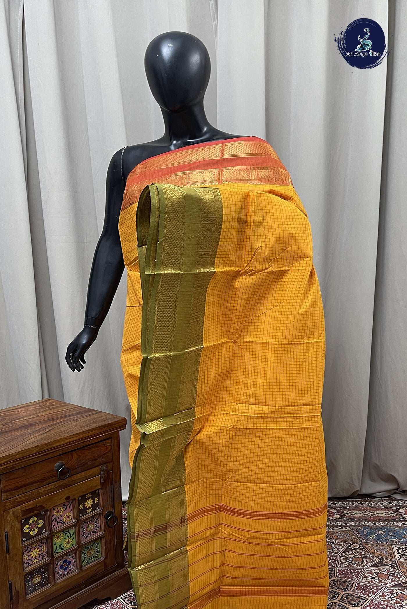 Yellow Kanchi Cotton Saree With Checked Pattern