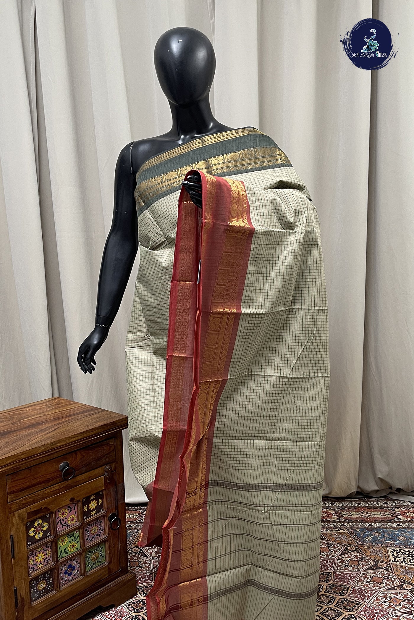 Pastel Shade Kanchi Cotton Saree With Checked Pattern