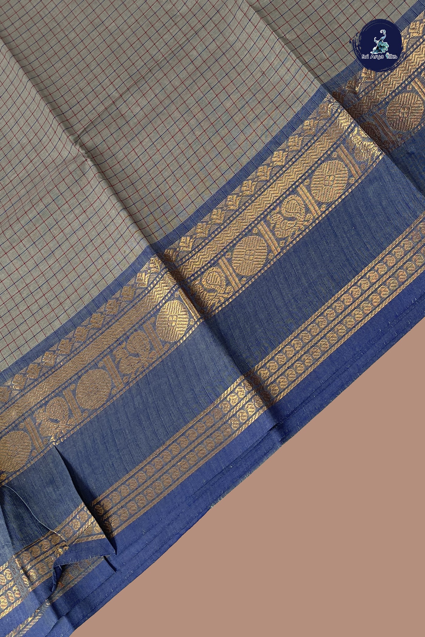 Grey Kanchi Cotton Saree With Checked Pattern