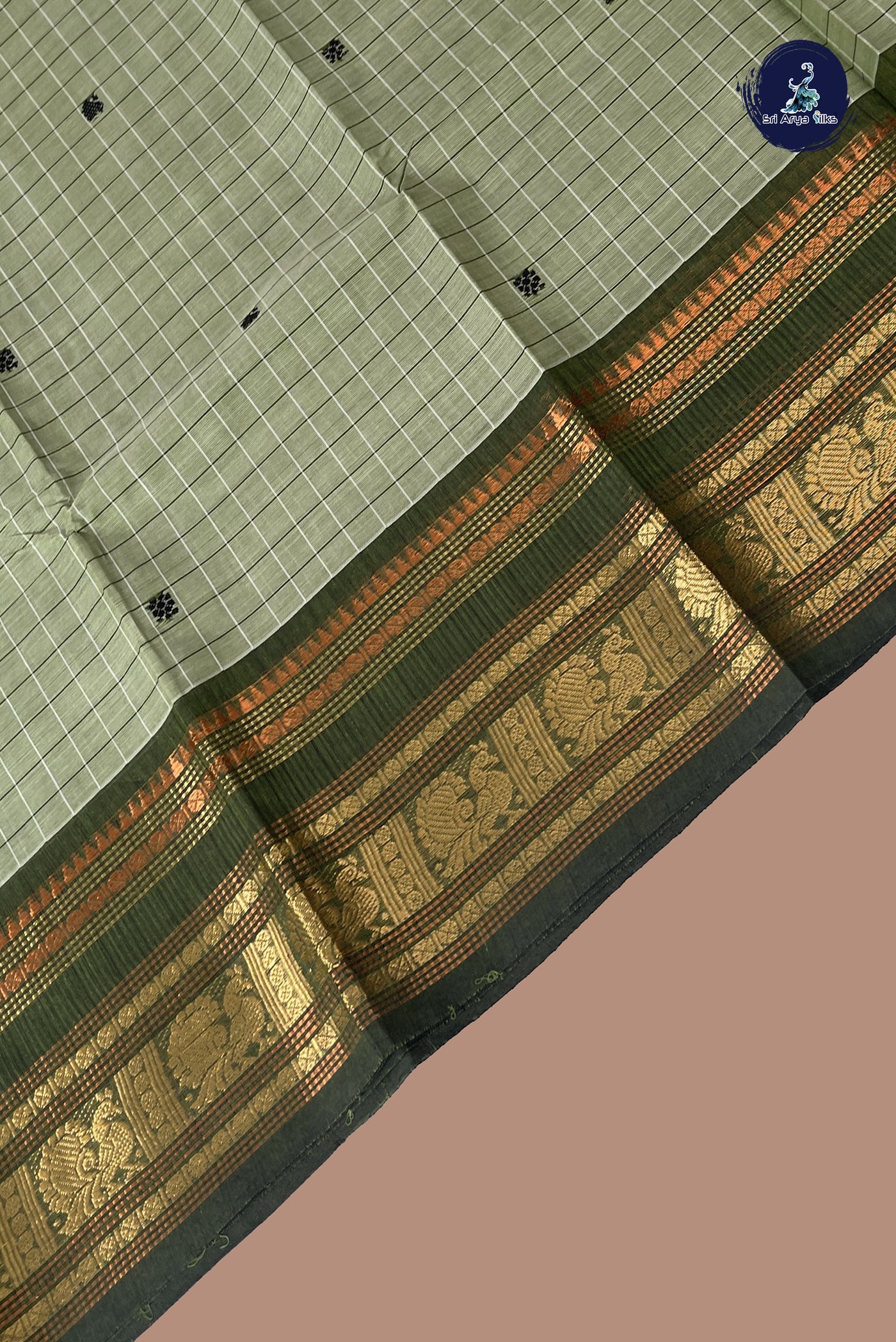Green Kanchi Cotton Saree With Checked Pattern