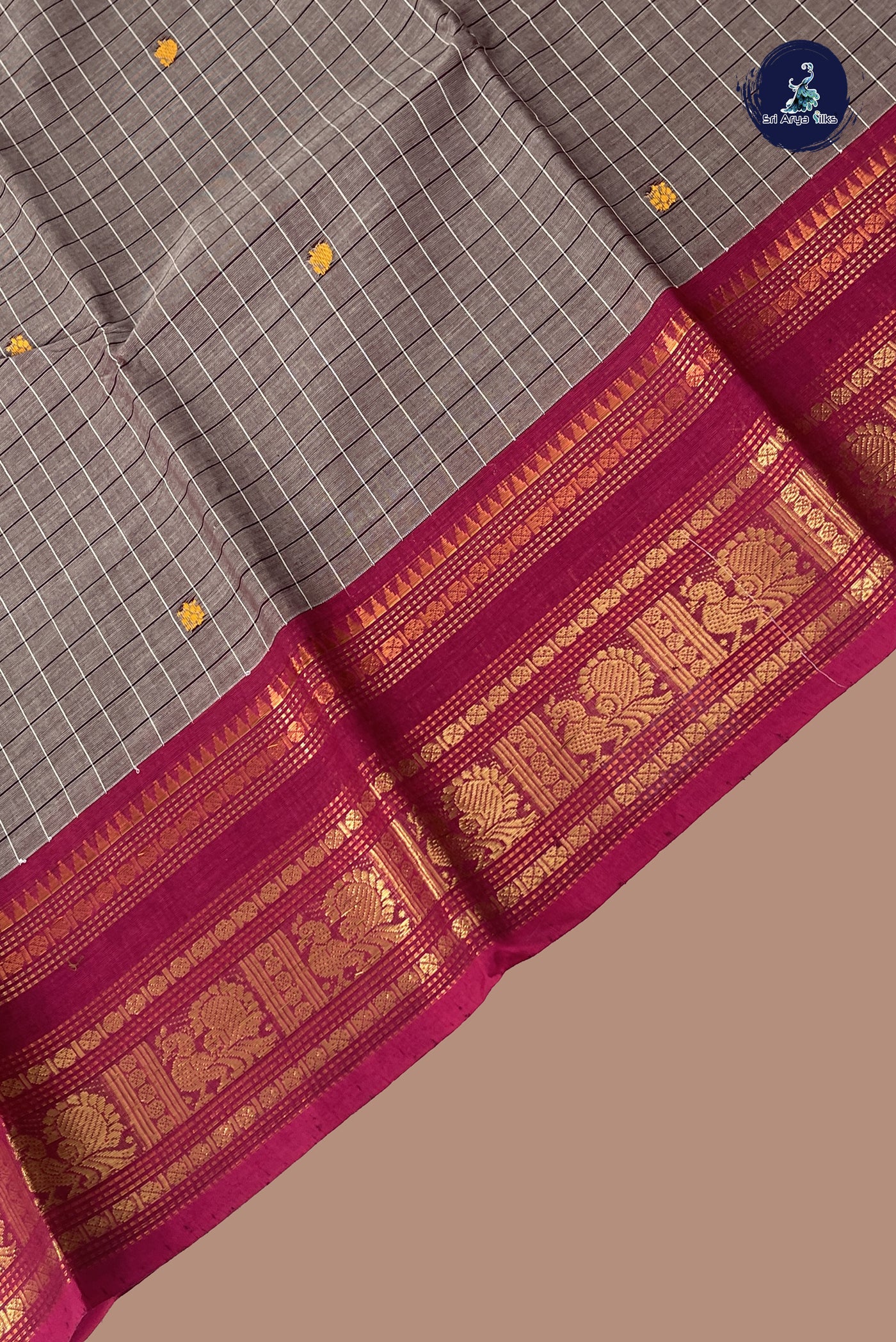 Light Brown Kanchi Cotton Saree With Checked Pattern