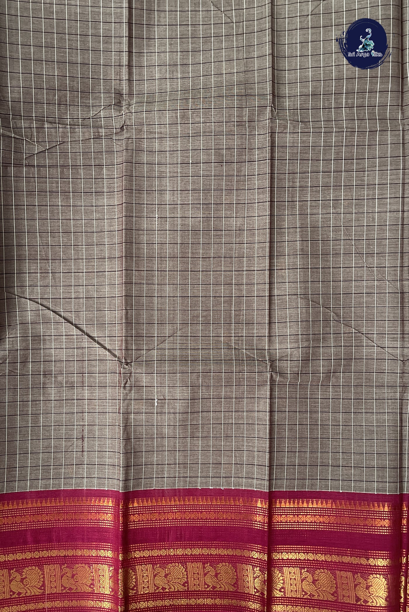 Light Brown Kanchi Cotton Saree With Checked Pattern