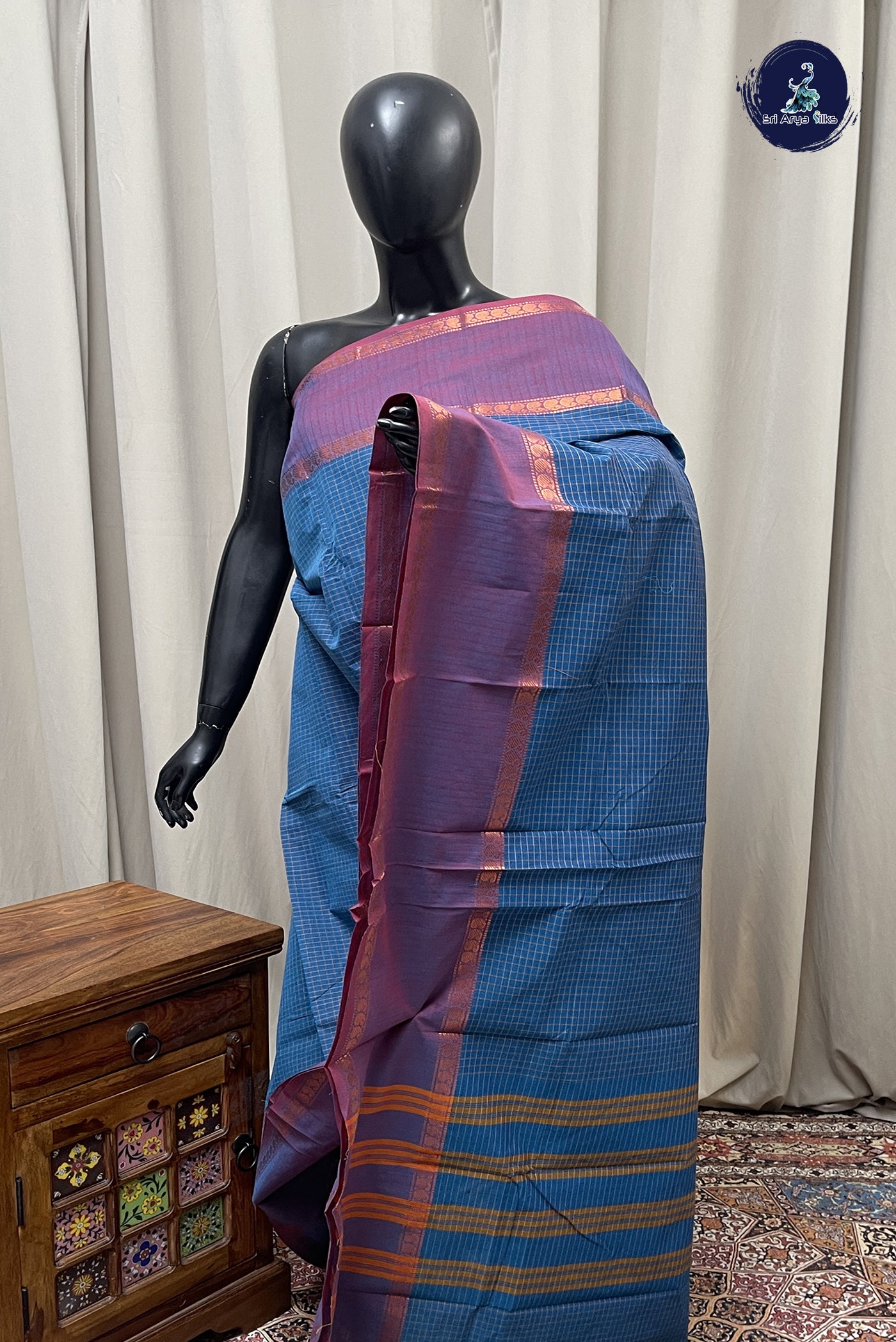 Blue Kanchi Cotton Saree With Checked Pattern