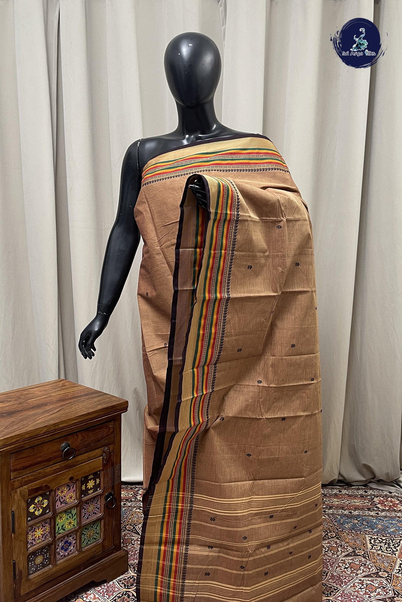 Light Brown Kanchi Cotton Saree With Buttas Pattern