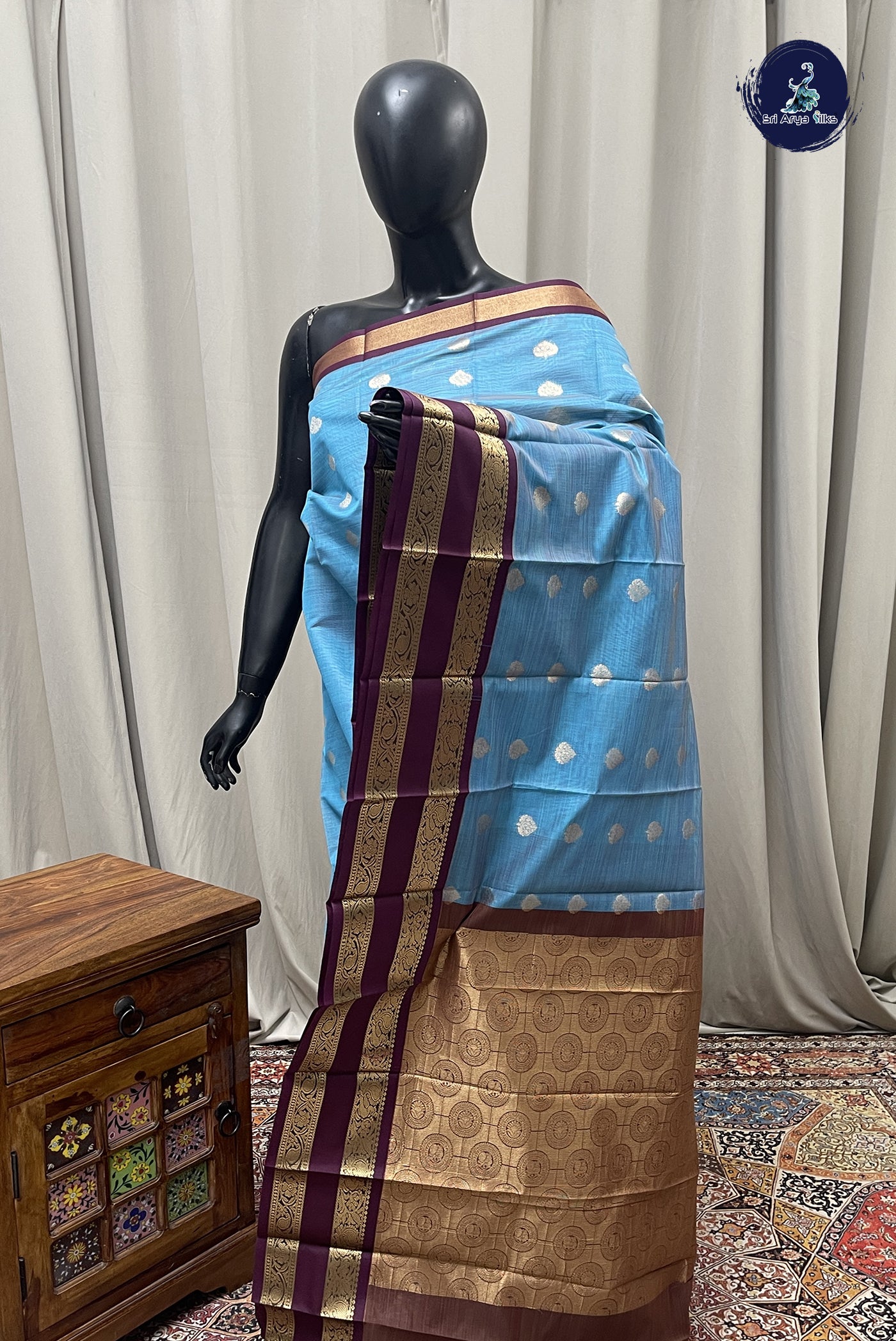 Blue Budget Semi Silk Cotton Saree With Zari Buttas Pattern